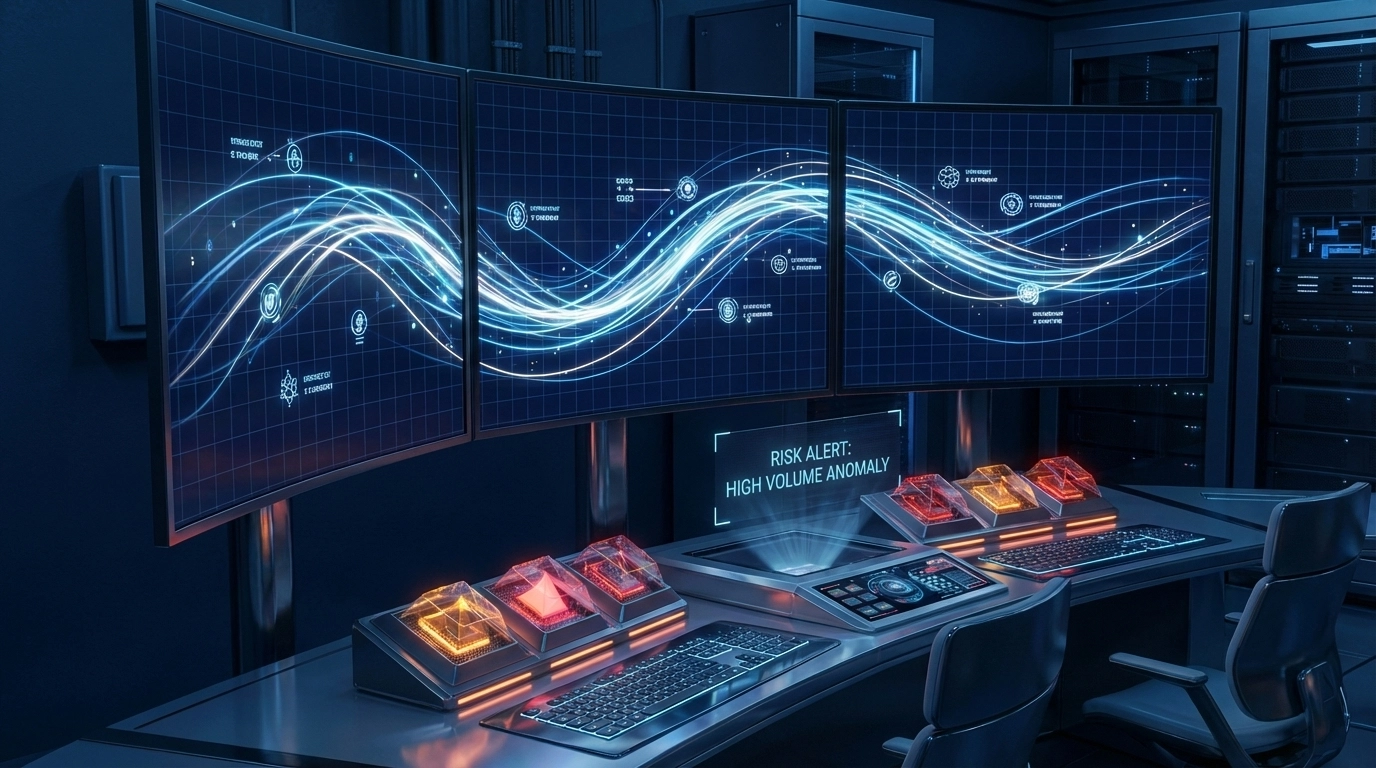 Mid-section professional dashboard showing crypto compliance software analyzing wallet flows and AML crypto solutions for cross-chain risk