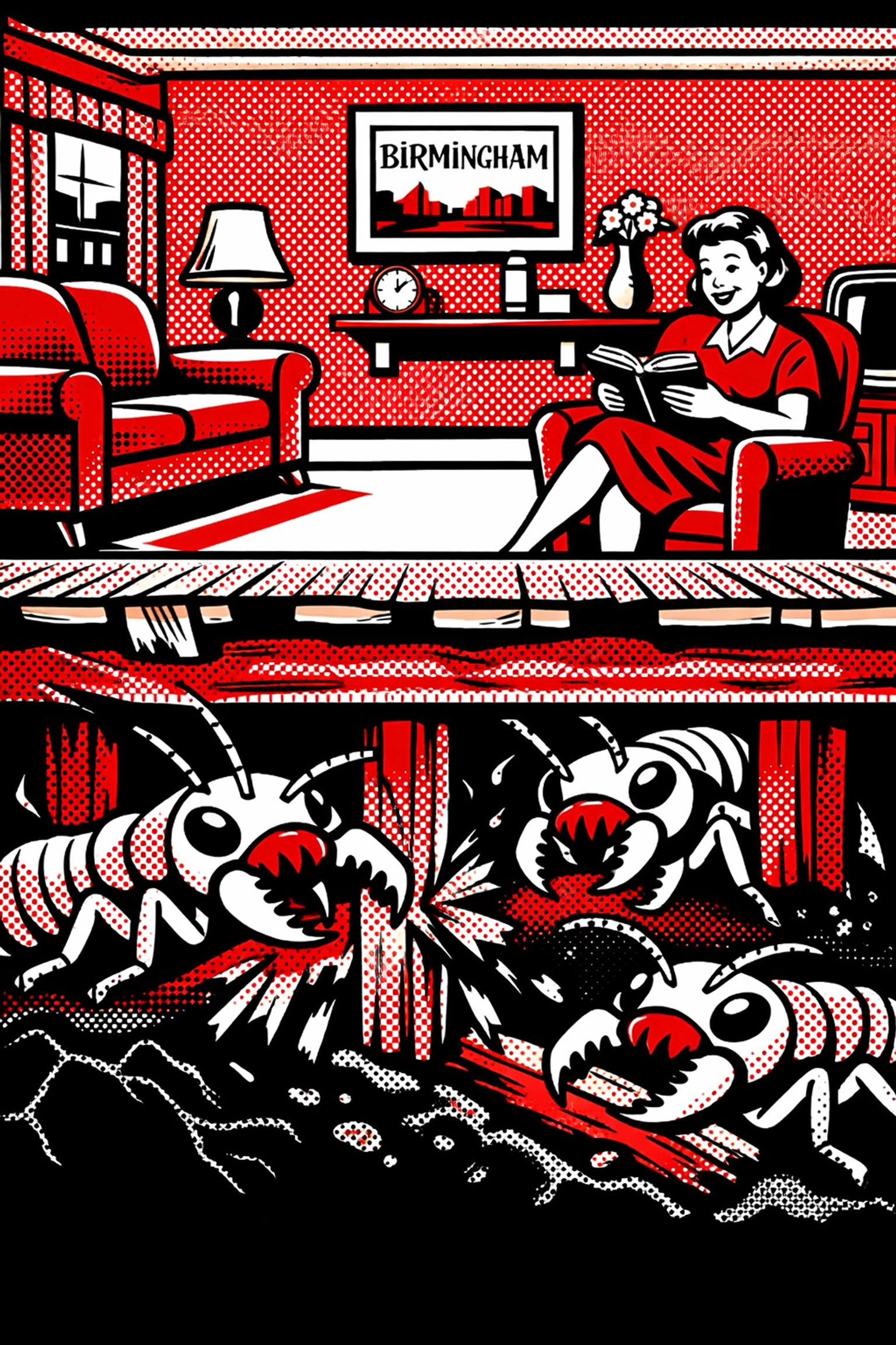 Comic art showing termites eating wooden supports under a Birmingham house, highlighting hidden pest damage.