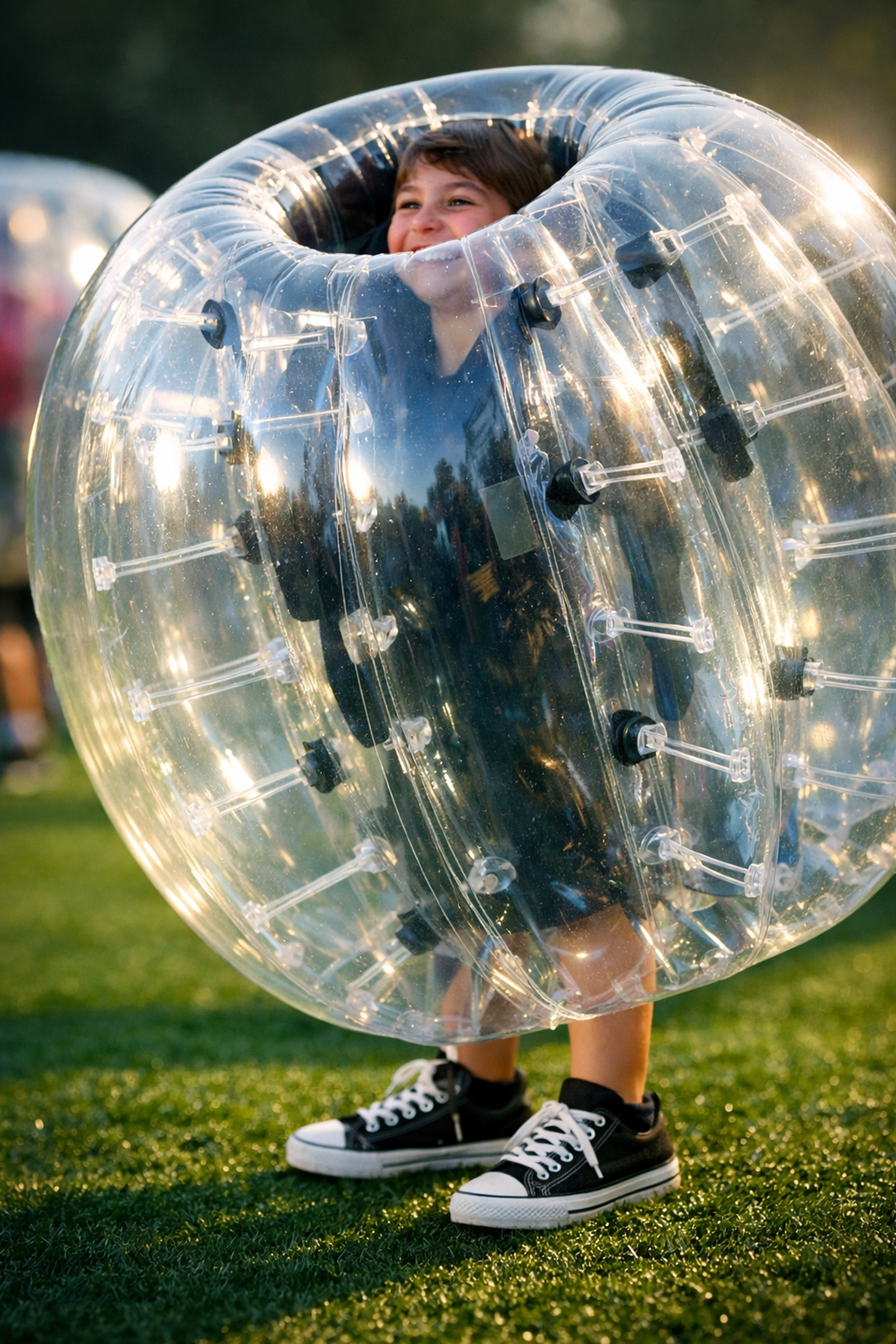 Teen in protective bubble suit ready for bubble soccer in Omaha
