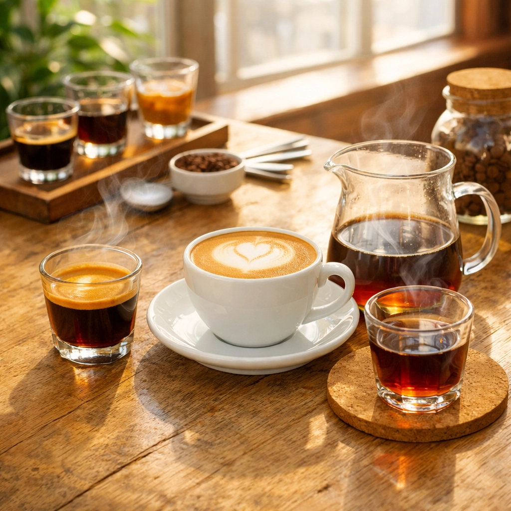 Specialty coffee tasting session showing espresso and pour-over at a wholesale roastery.