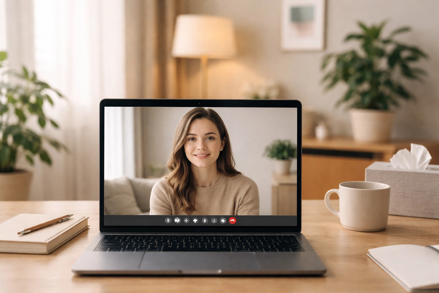 Mental health telehealth session in a therapist’s home office, showing a video call with a remote patient