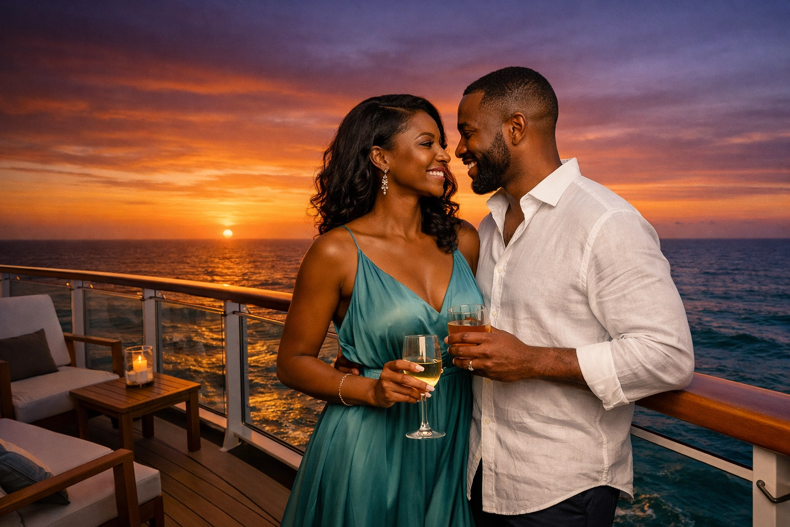 A Black couple on a luxury cruise balcony during a trip booked by a Lifestyle Cruises travel agent.
