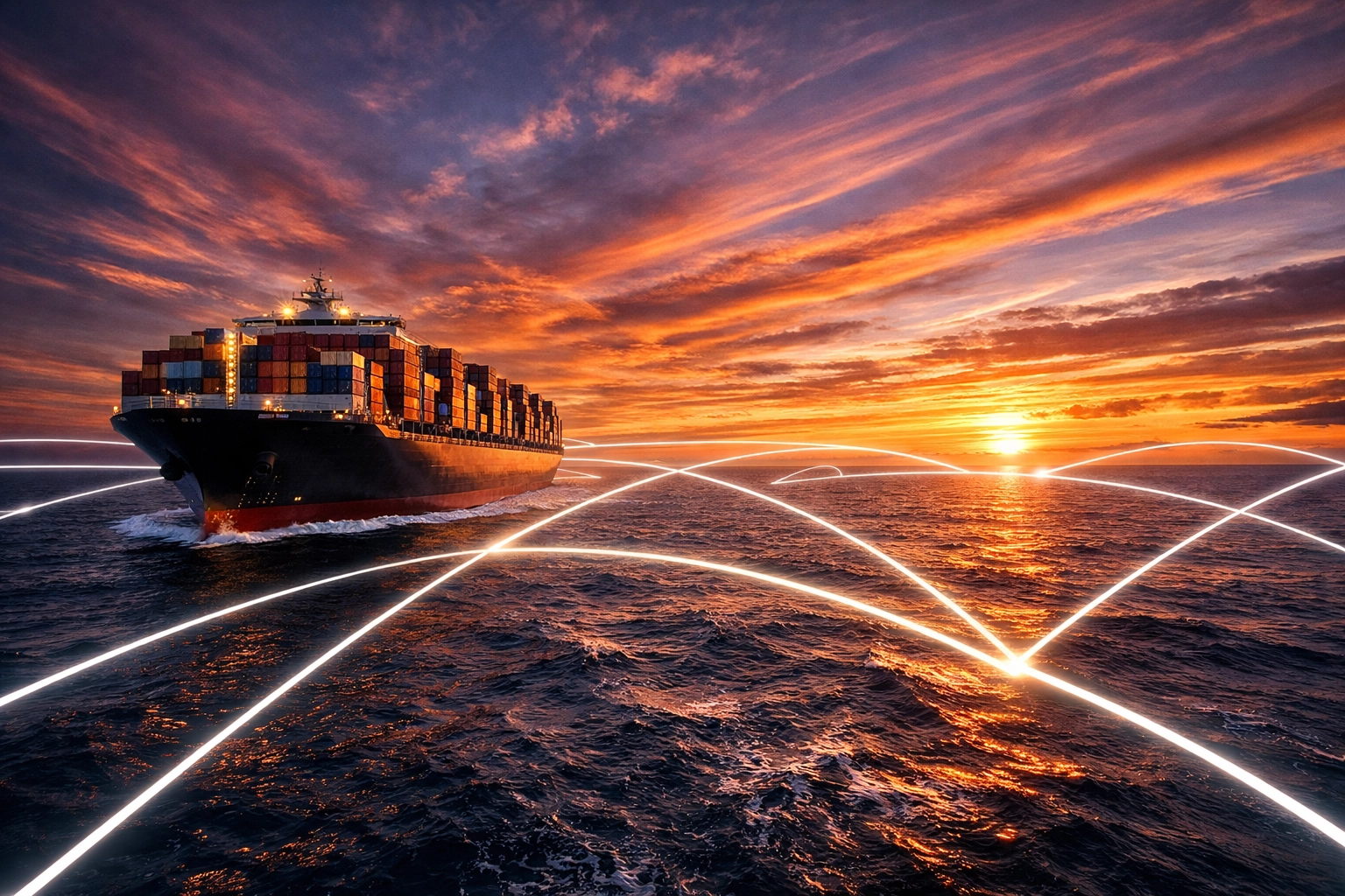 A cargo ship at sunset illustrating transparent global shipping routes for tech brands scaling internationally.