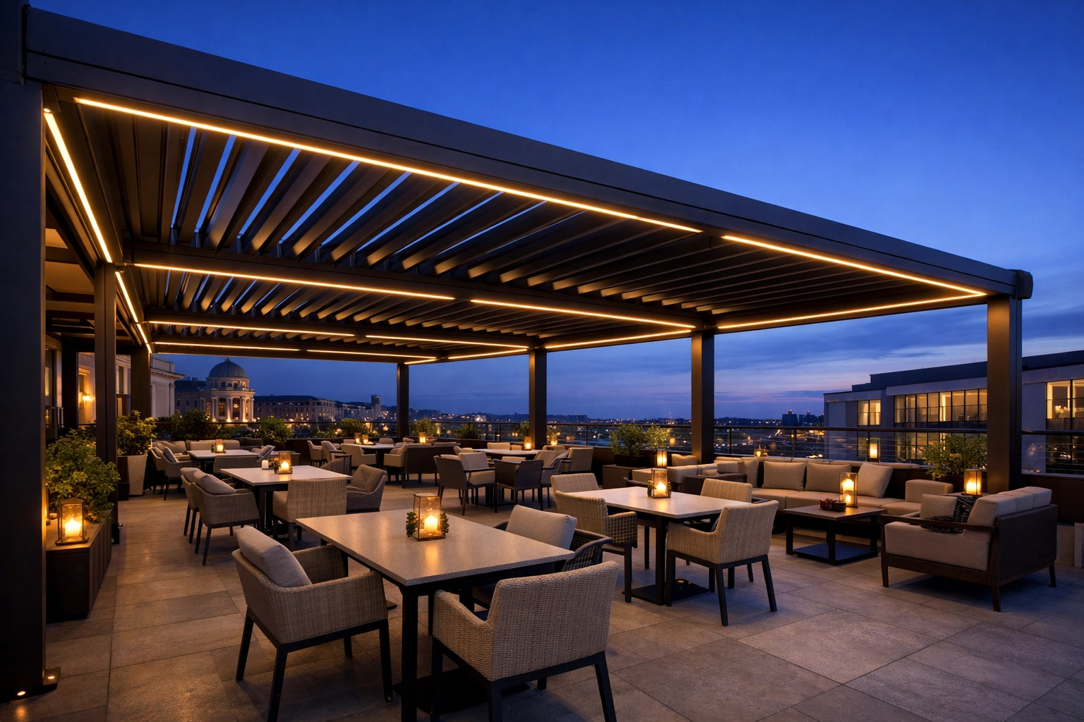 Exklusive Pergola in Wien mit LED-Beleuchtung für moderne Gastronomie-Außenbereiche.