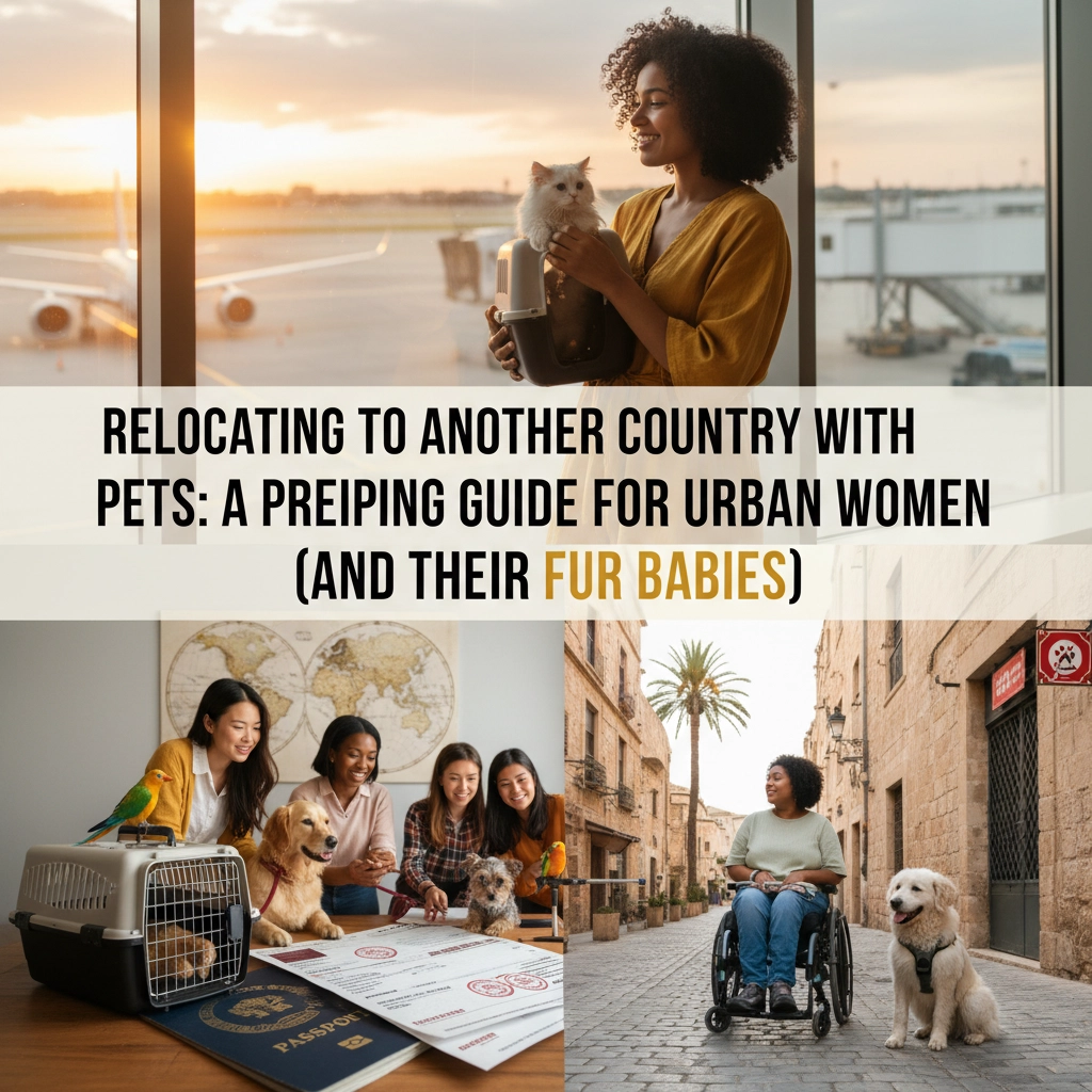 Main article picture split into two: the top image is of a woman holding her cat during sunrise. She is looking out at airplanes on the tarmac. The bottom image is split into two with a group of women going over travel documents with two dogs, and the right image showing a woman in a wheelchair being escorted down the street by her service dog. Moving Abroad with Pets