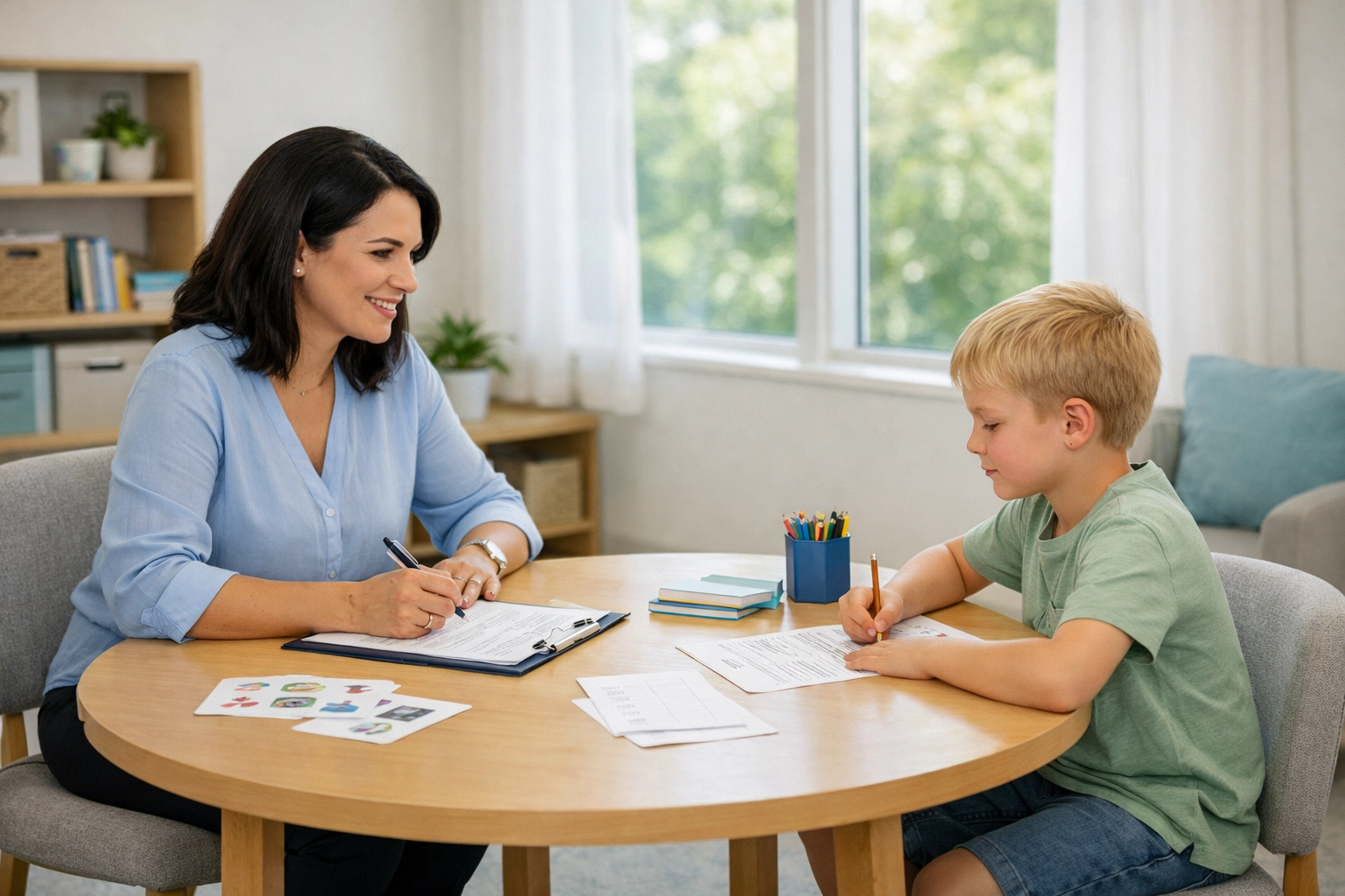 Leerkracht en kind tijdens één-op-één begeleiding en testafname op school