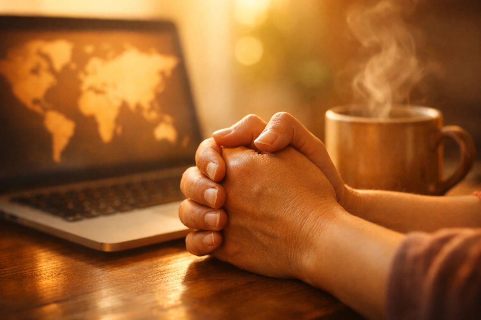 Hands clasped in prayer beside a laptop with a world map, showing spiritual peace and intercession for global news.