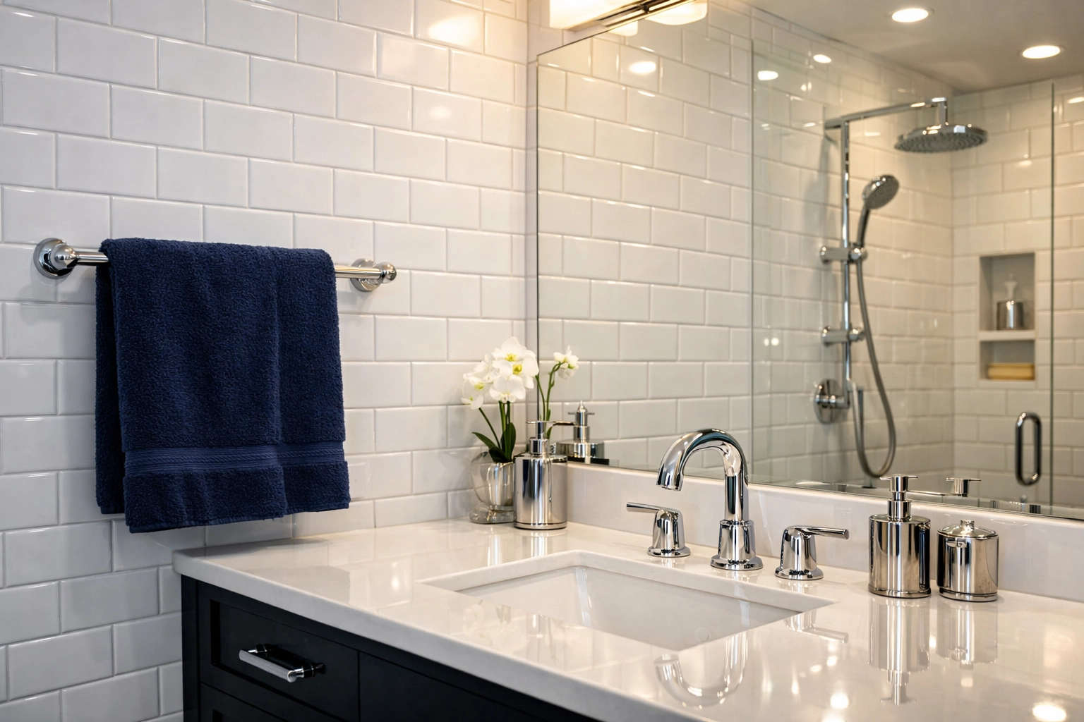 Pristine white bathroom with polished fixtures and scrubbed grout by a professional maid service in Cambridge.