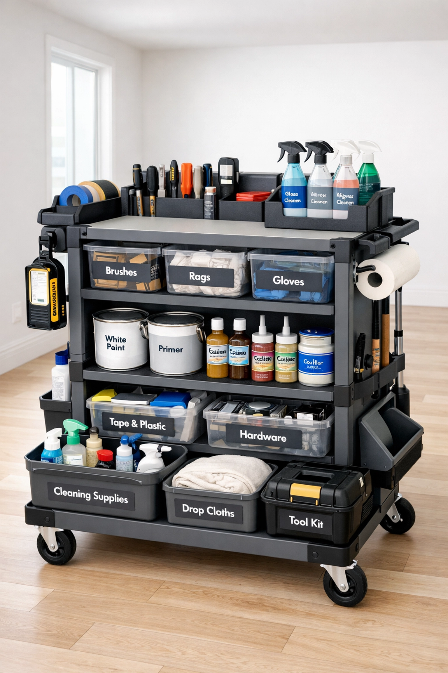 Organized rolling maintenance cart stocked with paint and cleaning supplies in vacant apartment