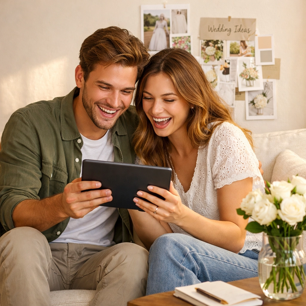 A happy couple using a tablet for online RSVPs and wedding funding strategy in their modern home.