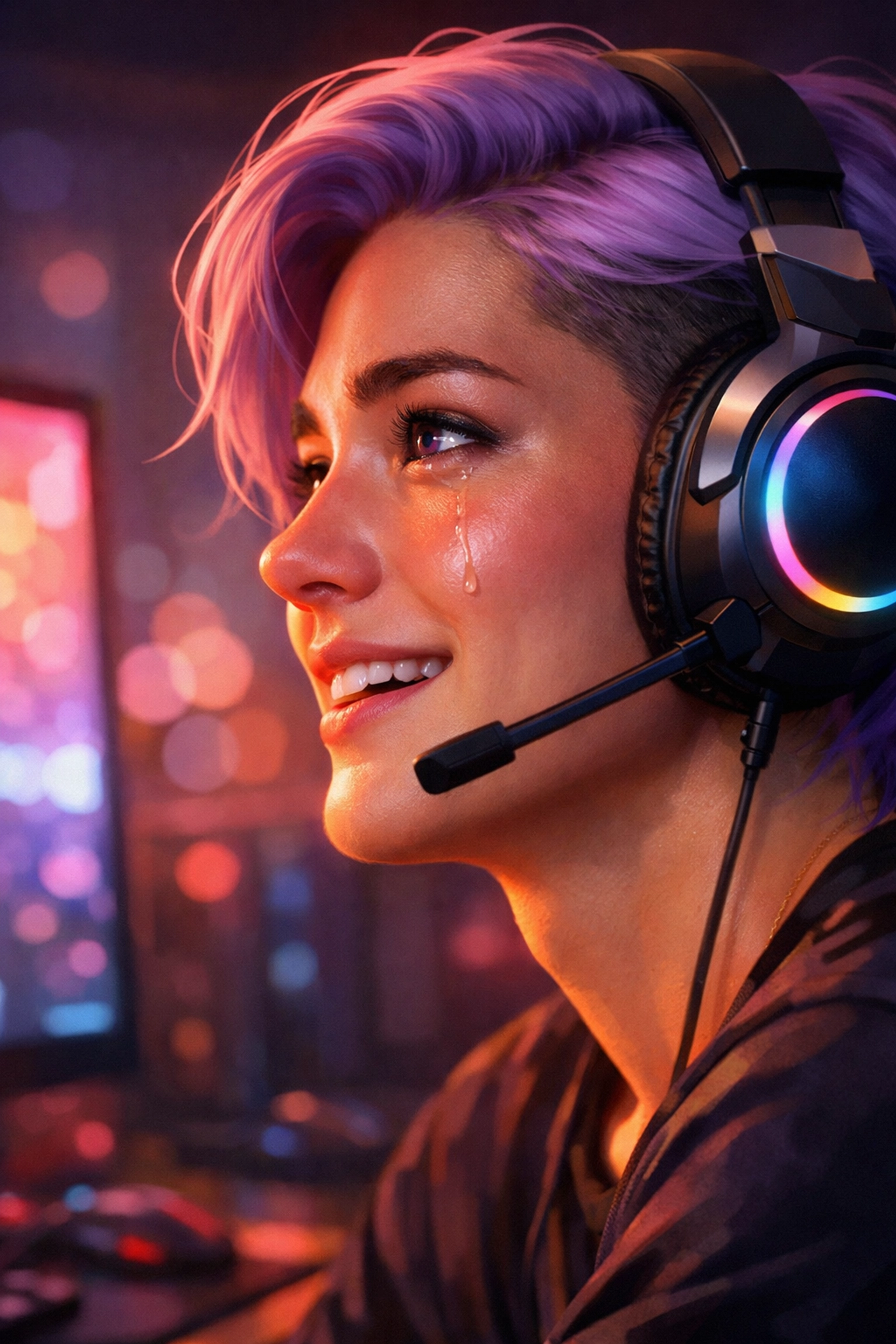 Emotional queer gamer seeing LGBTQ+ representation and character validation on a glowing monitor.