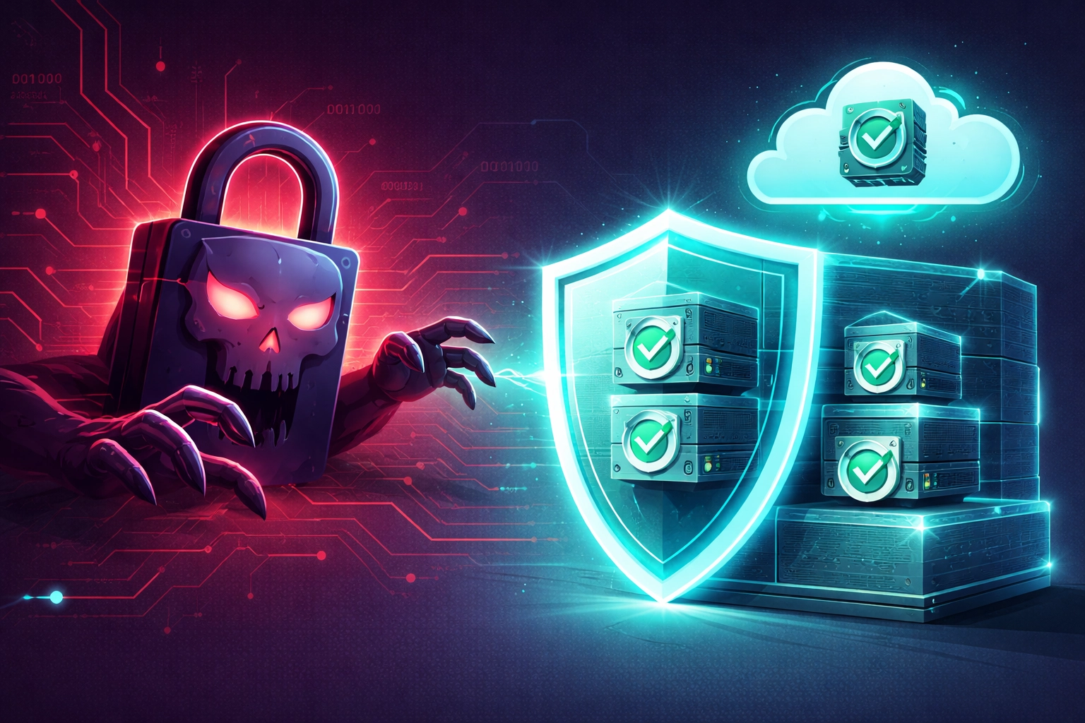 Illustration of data protected by layers of security, demonstrating how backups defend against ransomware threats