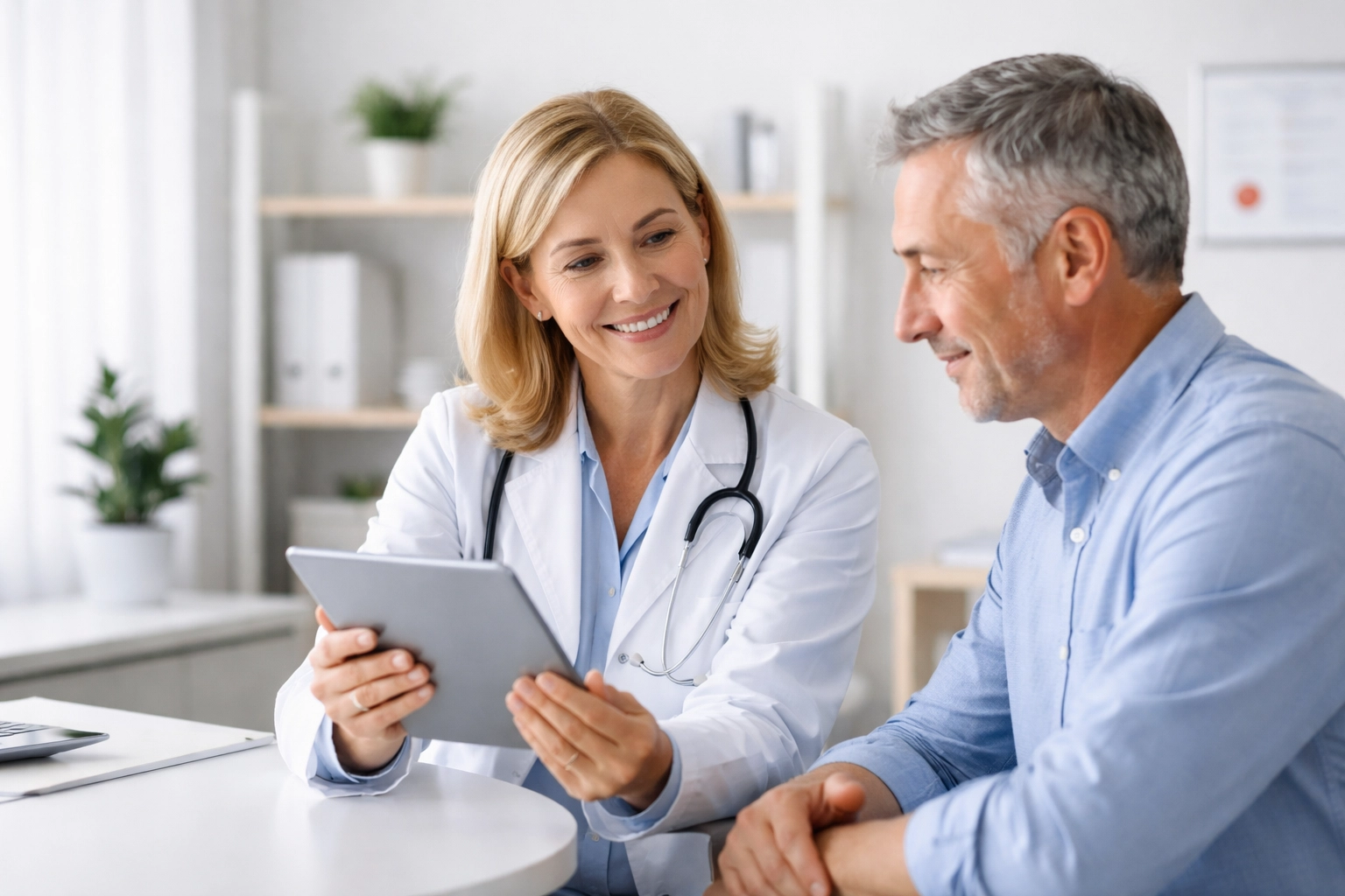 Doctor and patient reviewing weight loss lab results together in a supportive medical consultation.