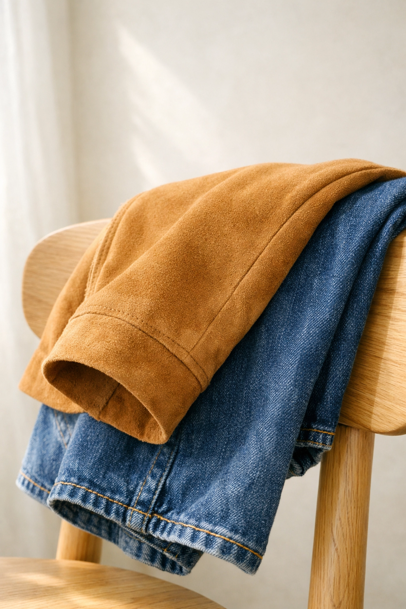 Tan suede sleeve and indigo denim fabric detail, highlighting premium textures in spring 2026 outerwear.