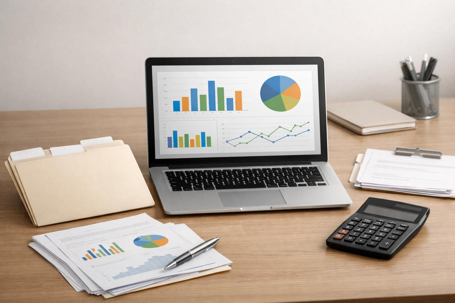 Clean office desk featuring a laptop with a financial dashboard showing business growth and organized records.