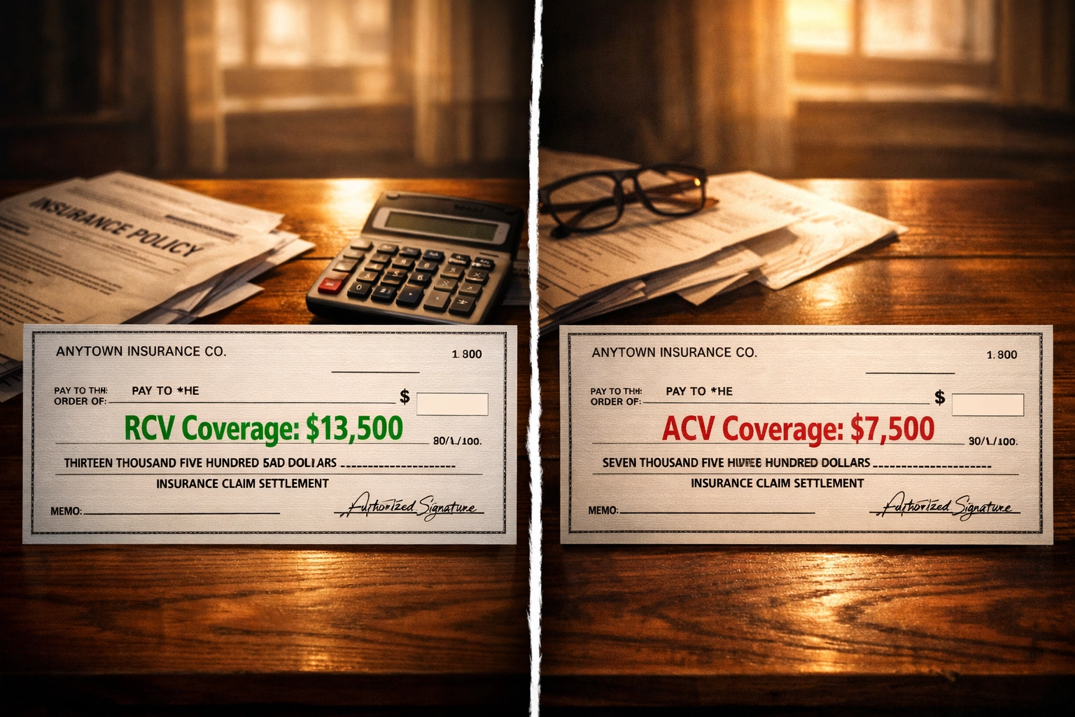 Comparison of RCV and ACV roof insurance claim checks showing the cost difference for Illinois homeowners