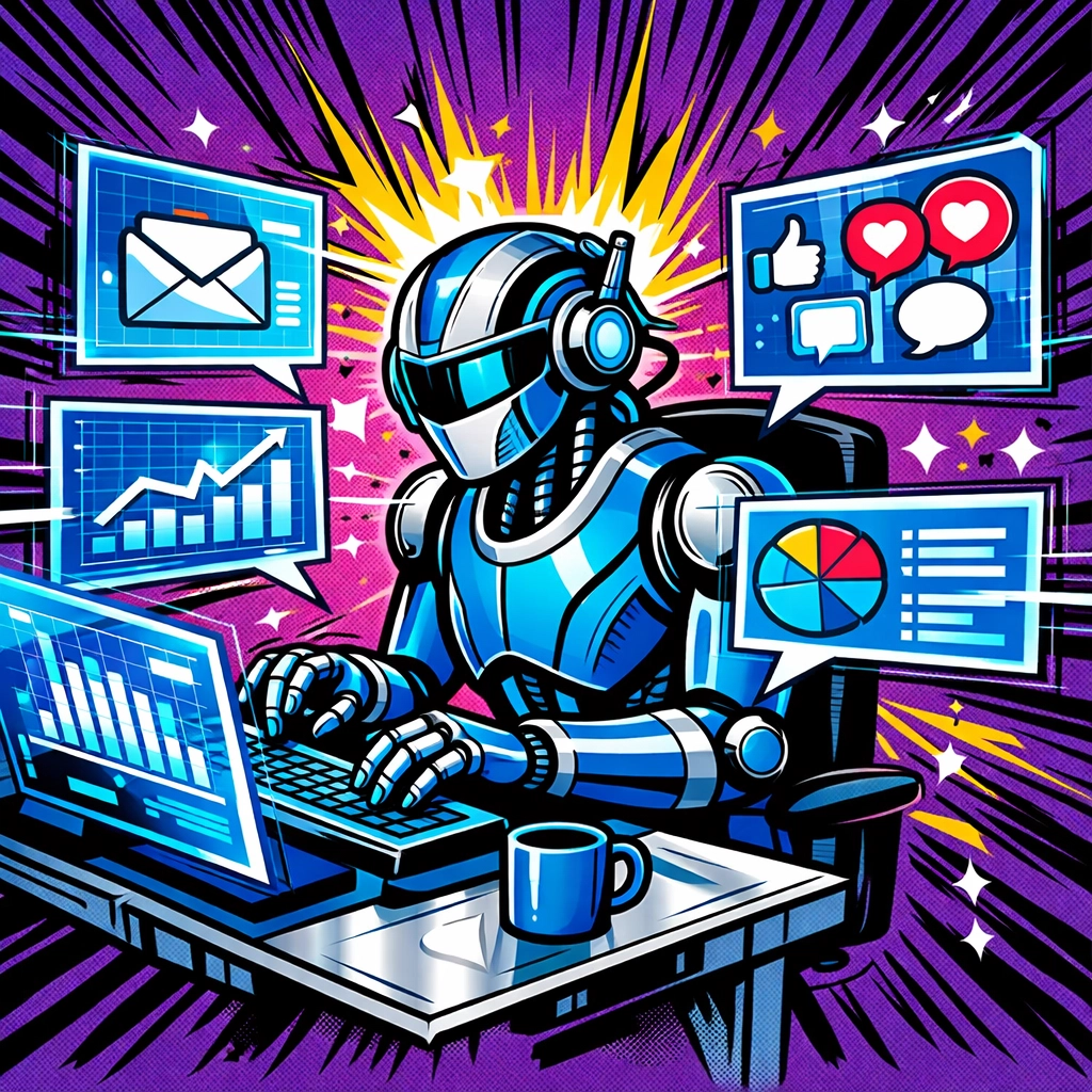 AI robot assistant automating multiple business tasks 24/7 including emails and social media