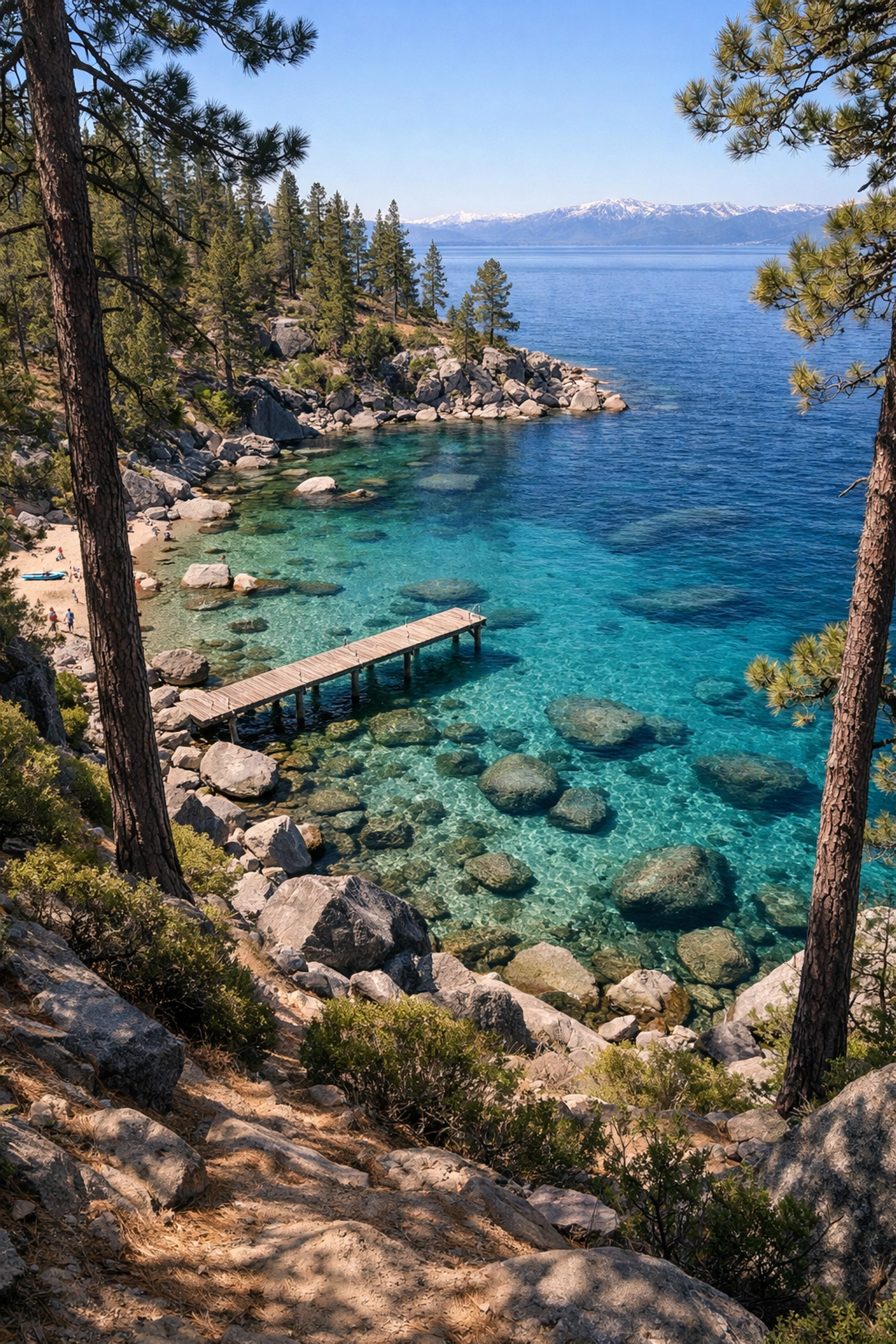 High-angle view of the clear turquoise water and wooden pier at Secret Cove, a top Lake Tahoe photo spot.