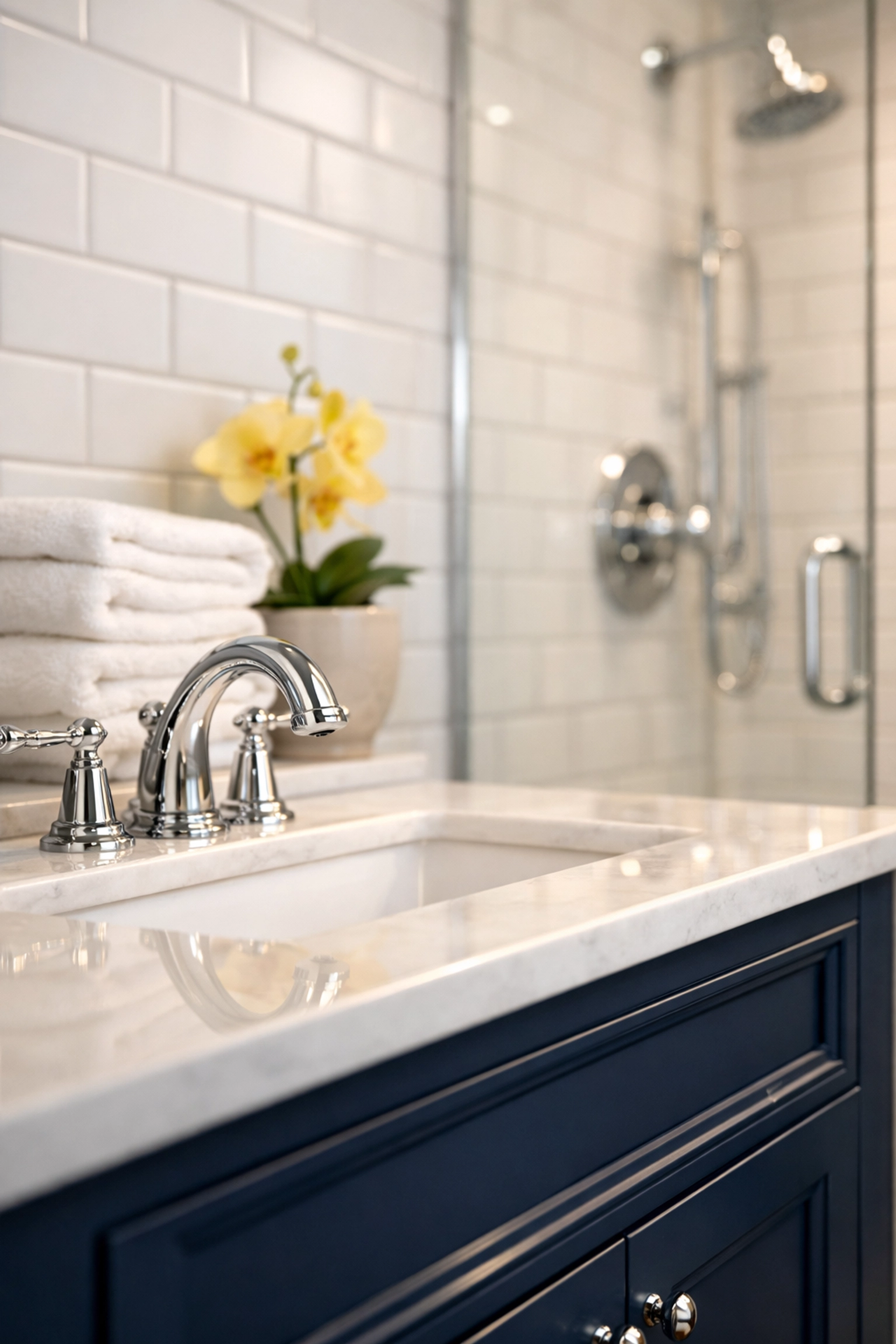 Spotless luxury bathroom vanity and subway tiles from a professional residential cleaning MA service.