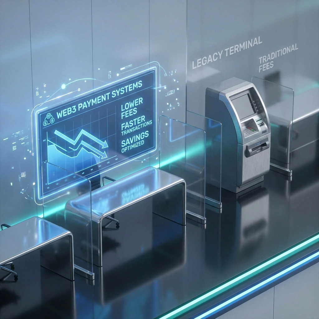 Futuristic dashboard contrasting Web3 payment solutions with legacy systems, highlighting Larecoin's lower transaction fees.