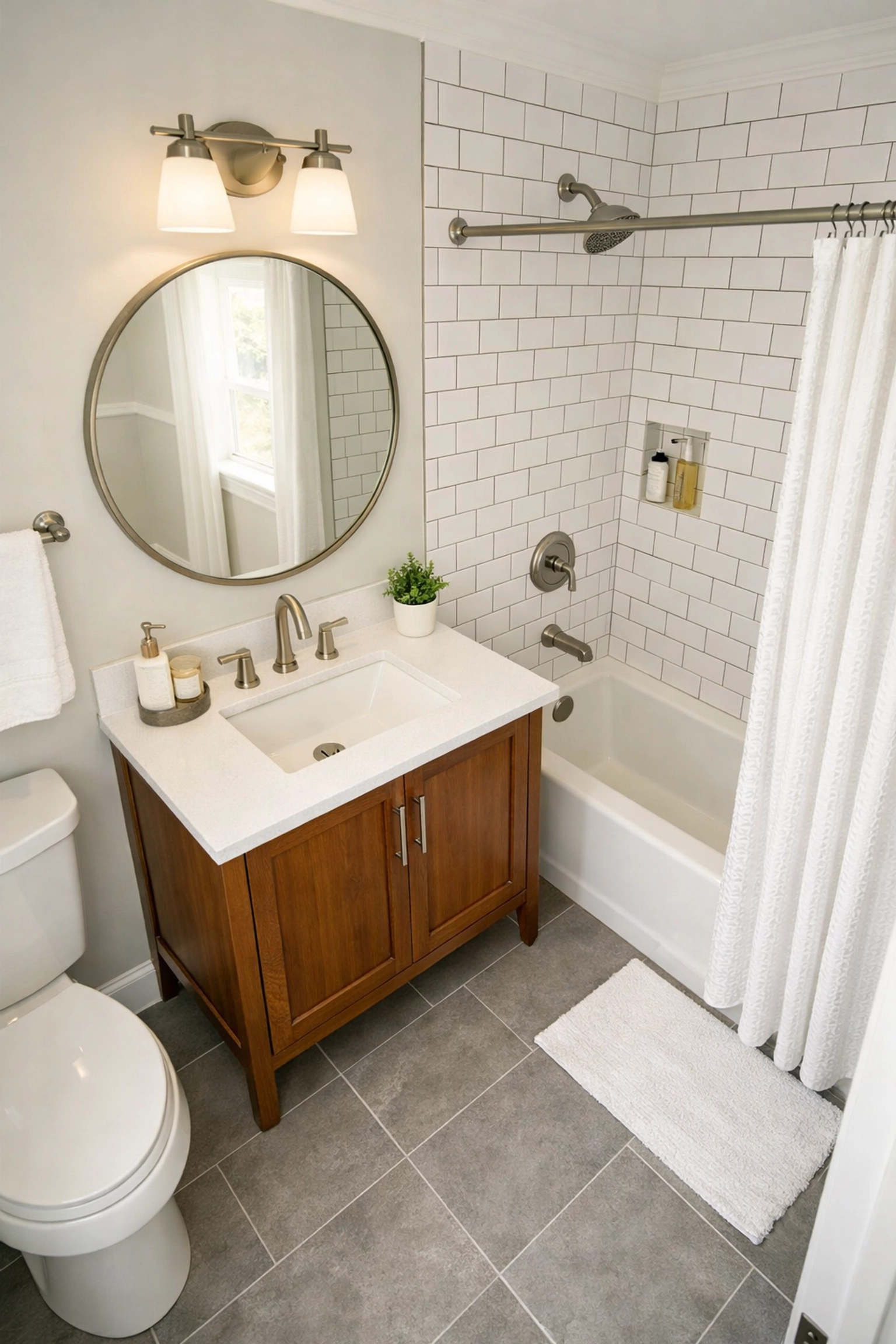 Standard bathroom remodel in Ohio featuring clean white subway tiles and a functional wood vanity.