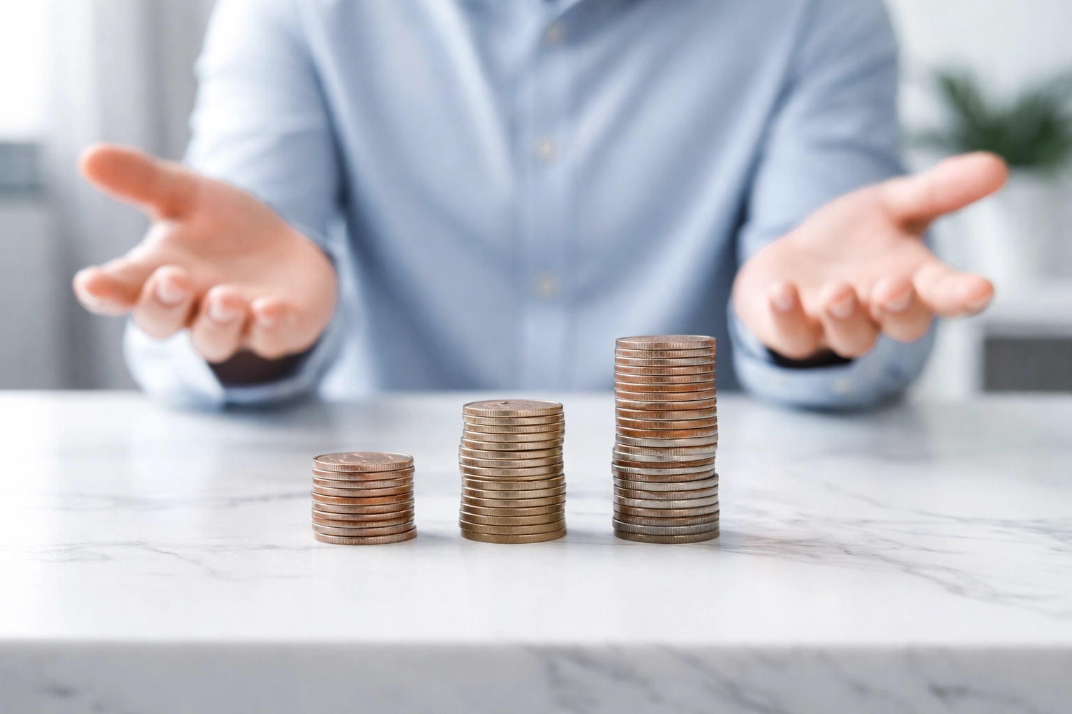 Three stacks of coins representing tiered pricing levels with a small business owner showing confusion about hidden payment processing costs.