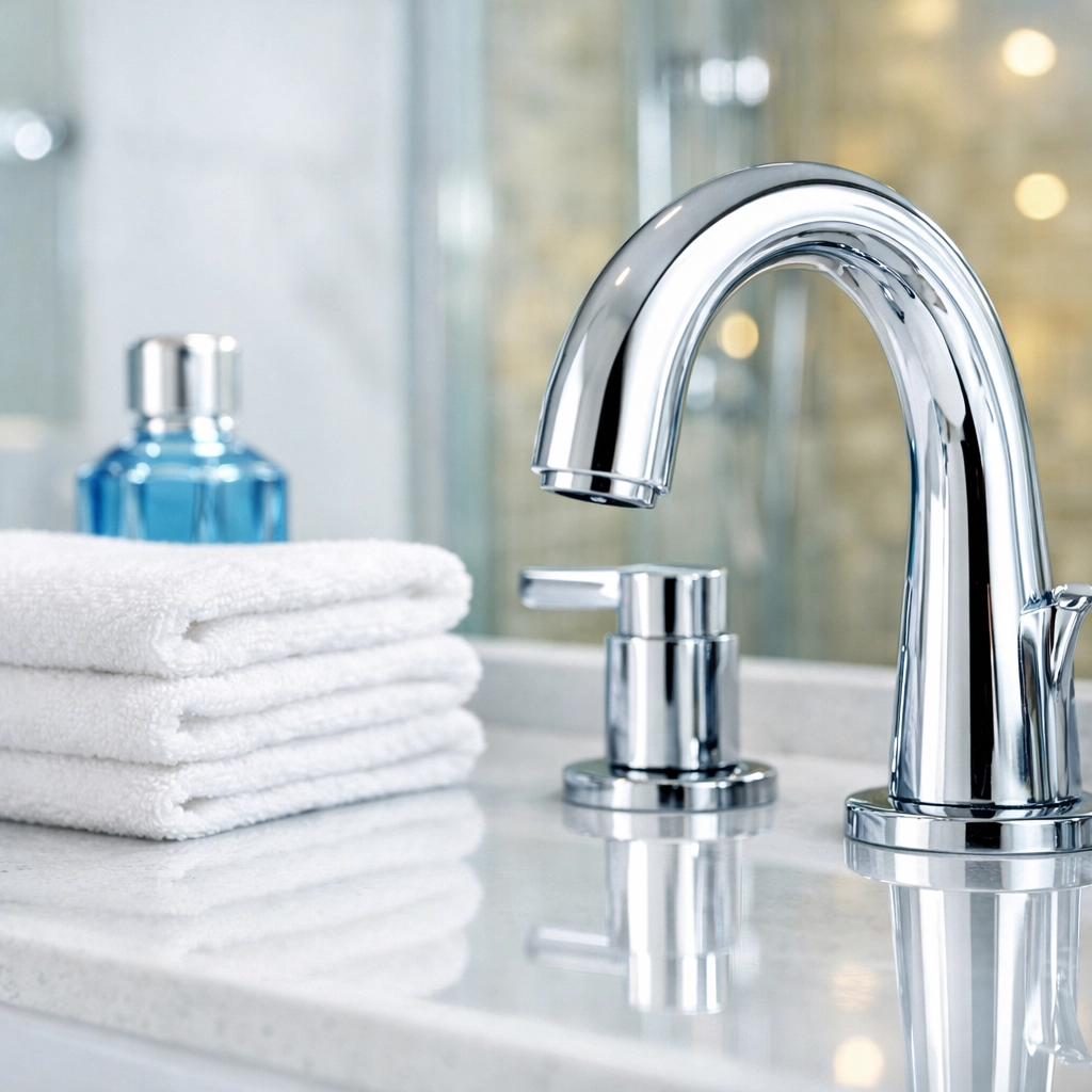 Pristine luxury bathroom vanity and quartz surfaces using eco-friendly luxury cleaning in Groton.