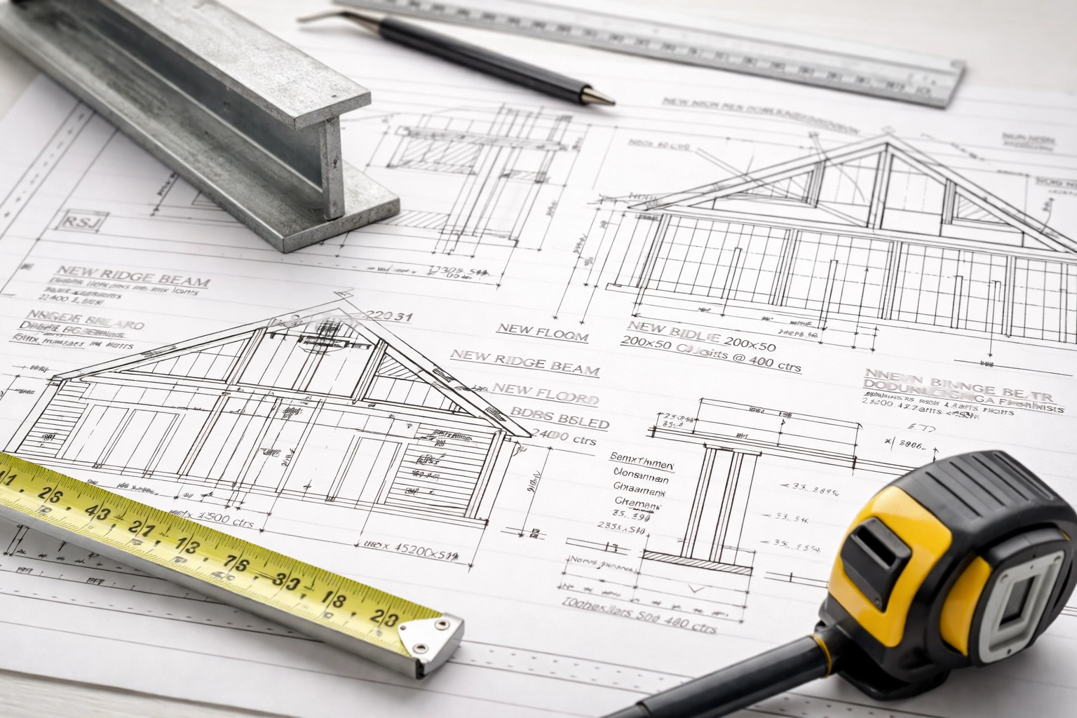 Architectural plans and structural engineering drawings for a loft conversion project