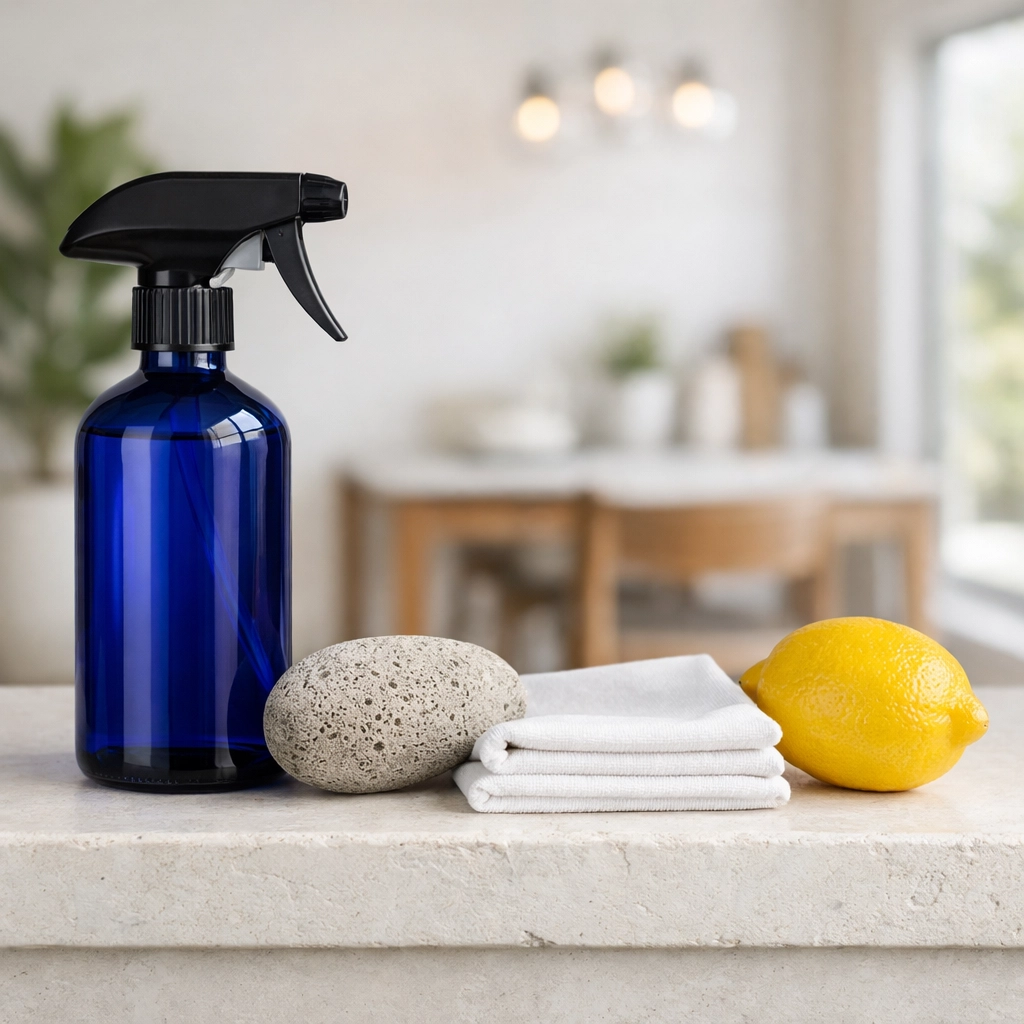 Eco-friendly cleaning kit with a pumice stone and vinegar spray for stubborn stains.