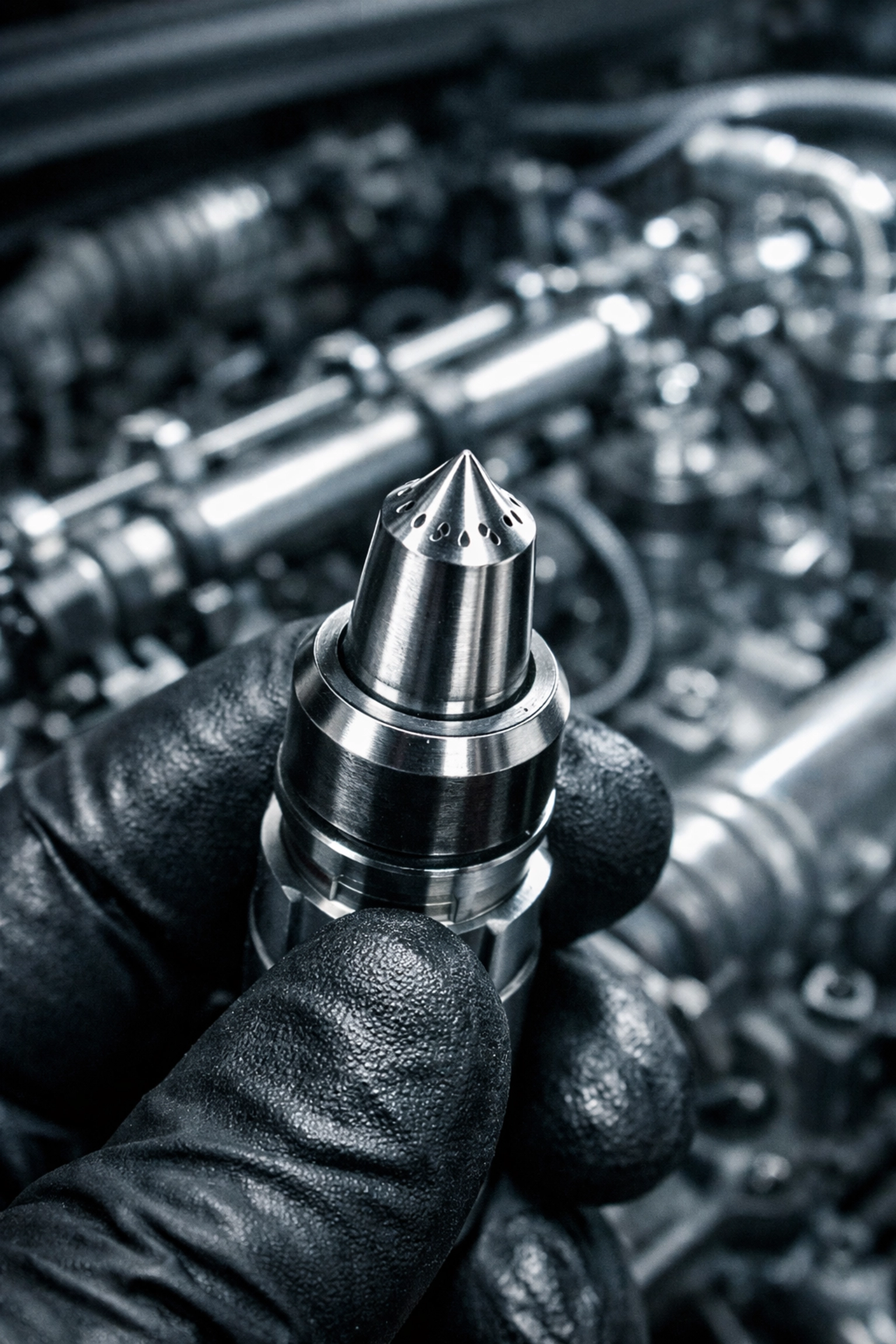 Fuel injector repair Trinidad CO showing a technician inspecting a precision diesel injector tip.