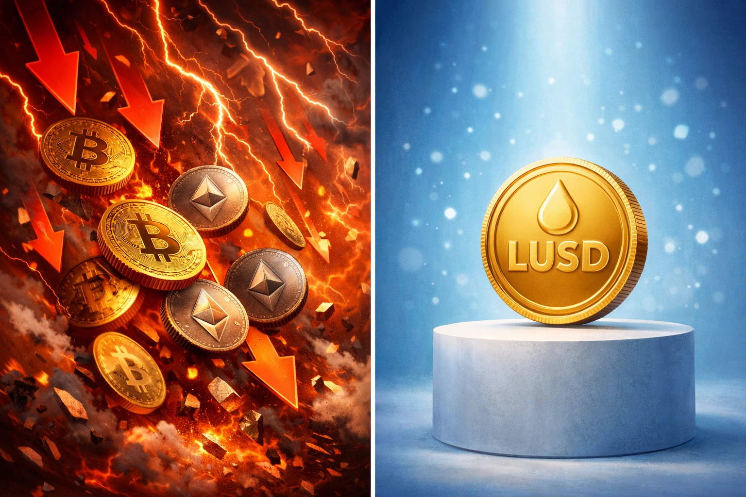 Bitcoin and Ethereum volatility compared to stable LUSD stablecoin for merchant payments