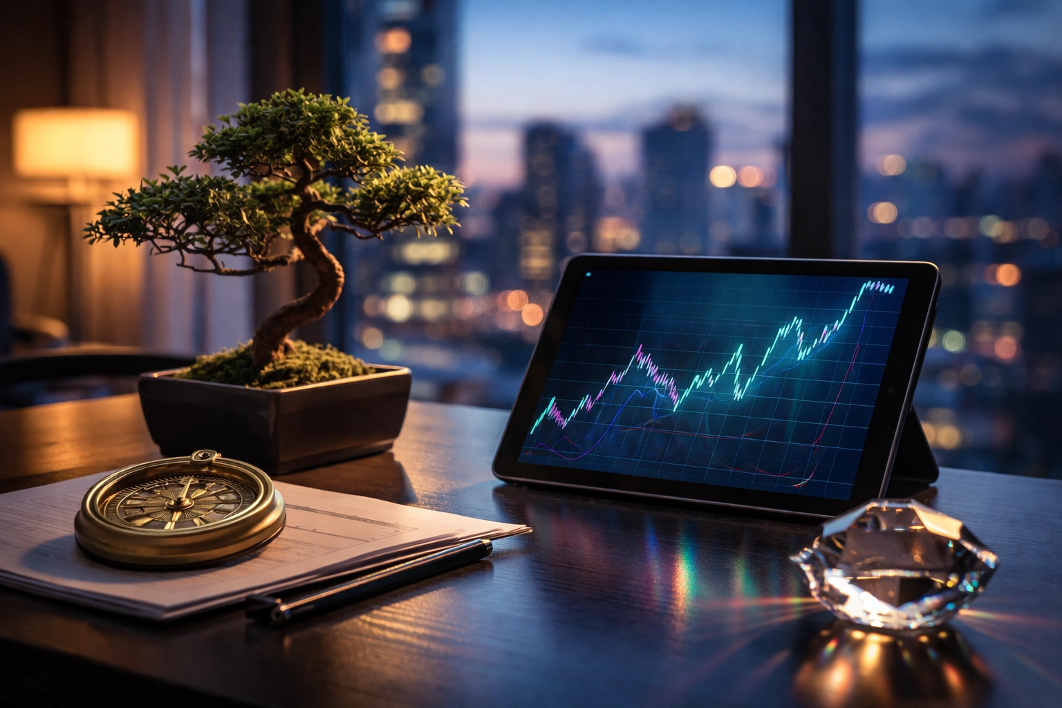 Investor's desk with compass, bonsai, and a tablet showing growth, reflecting strategic asset allocation.