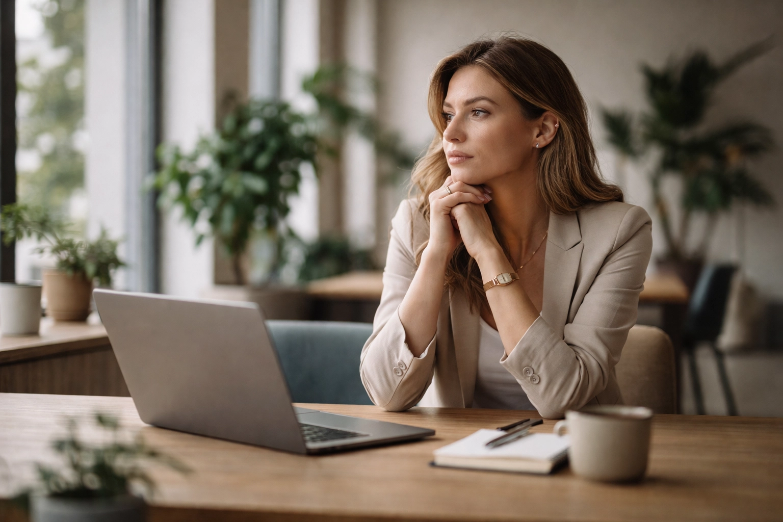 Entrepreneur in a co-working space looking reflective, illustrating imposter syndrome among startup founders