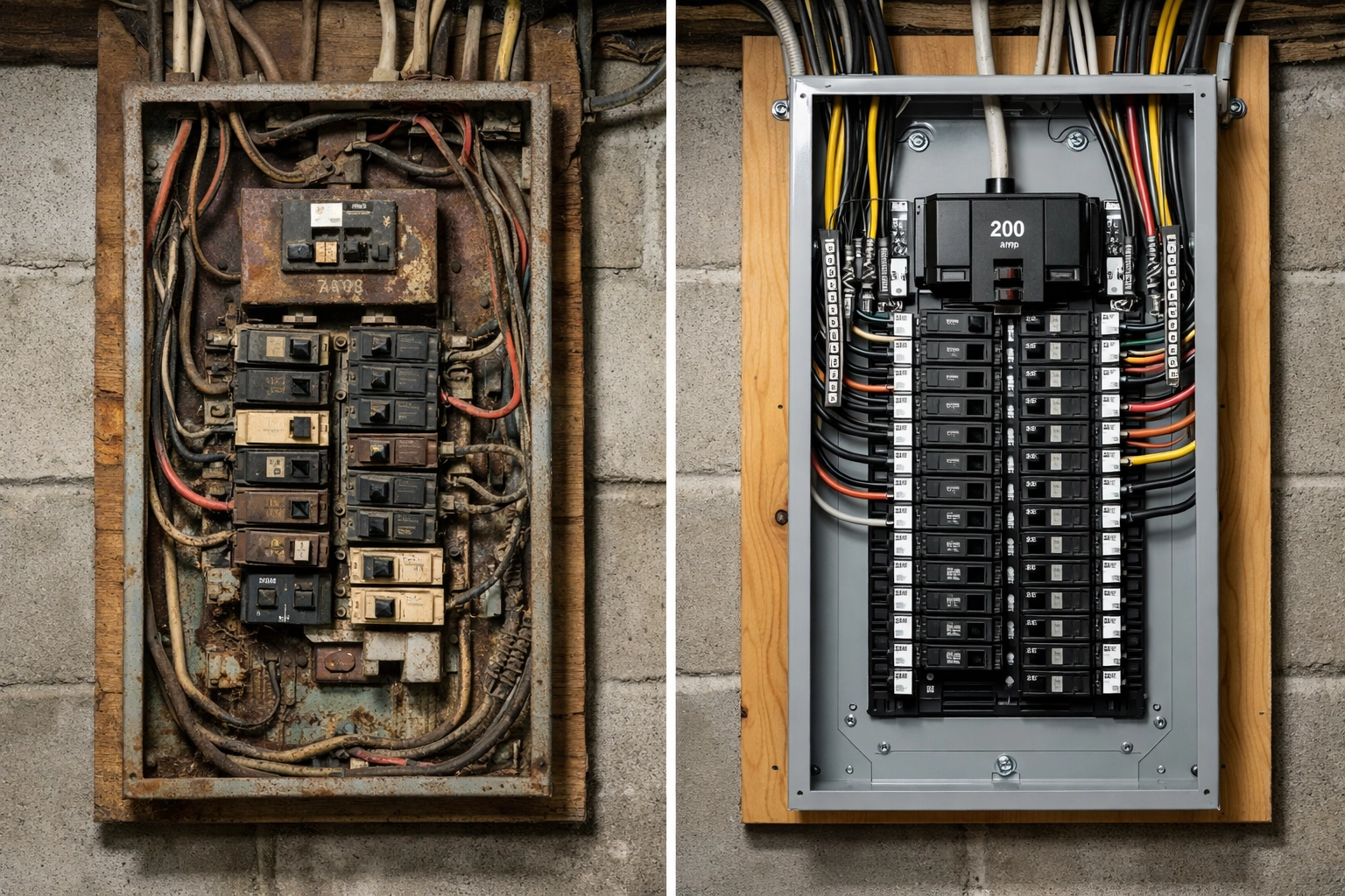 Comparison of outdated electrical panel versus modern 200-amp panel upgrade