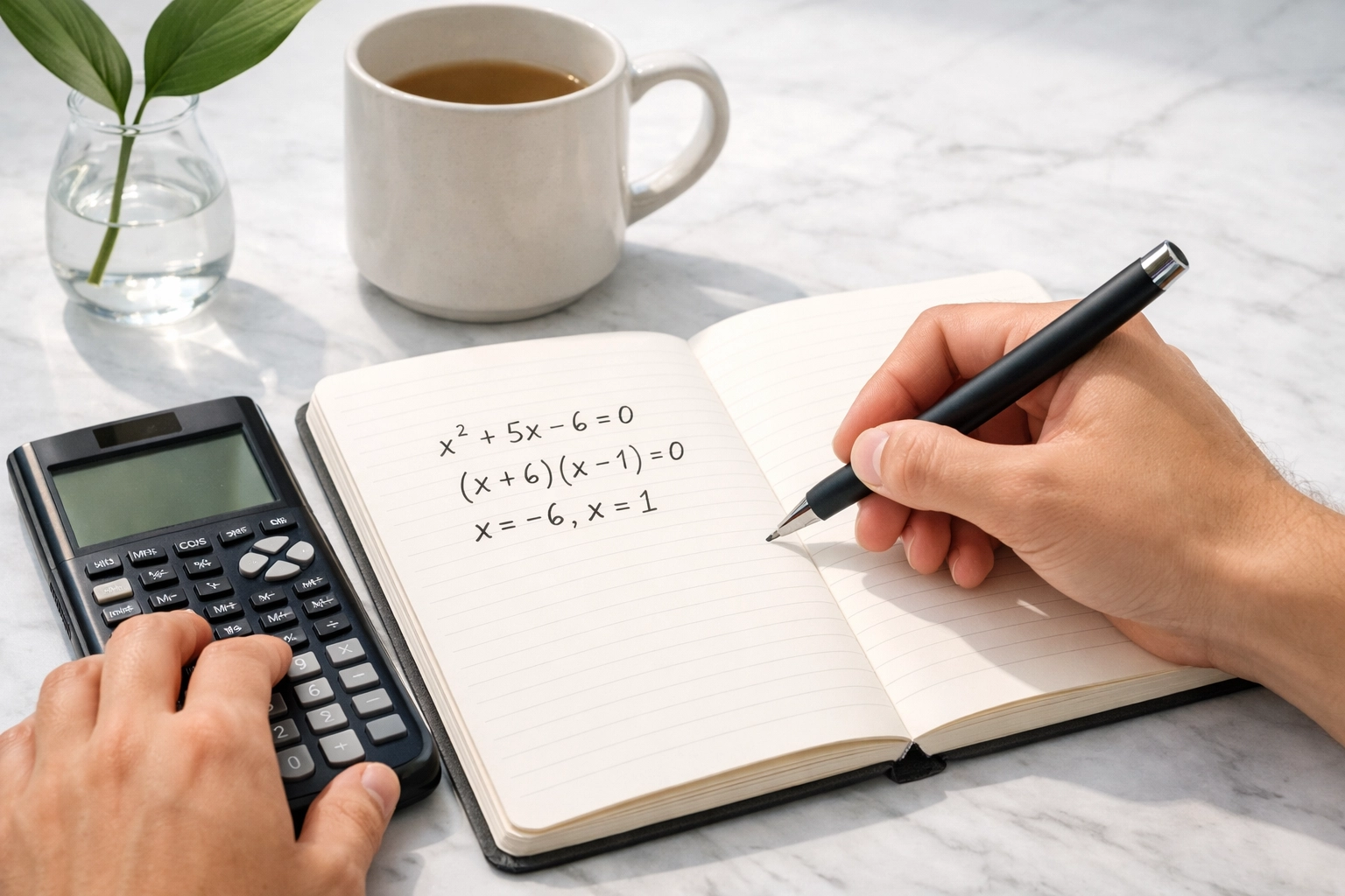Close-up of a student solving SAT advanced algebra equations with a notebook and calculator.
