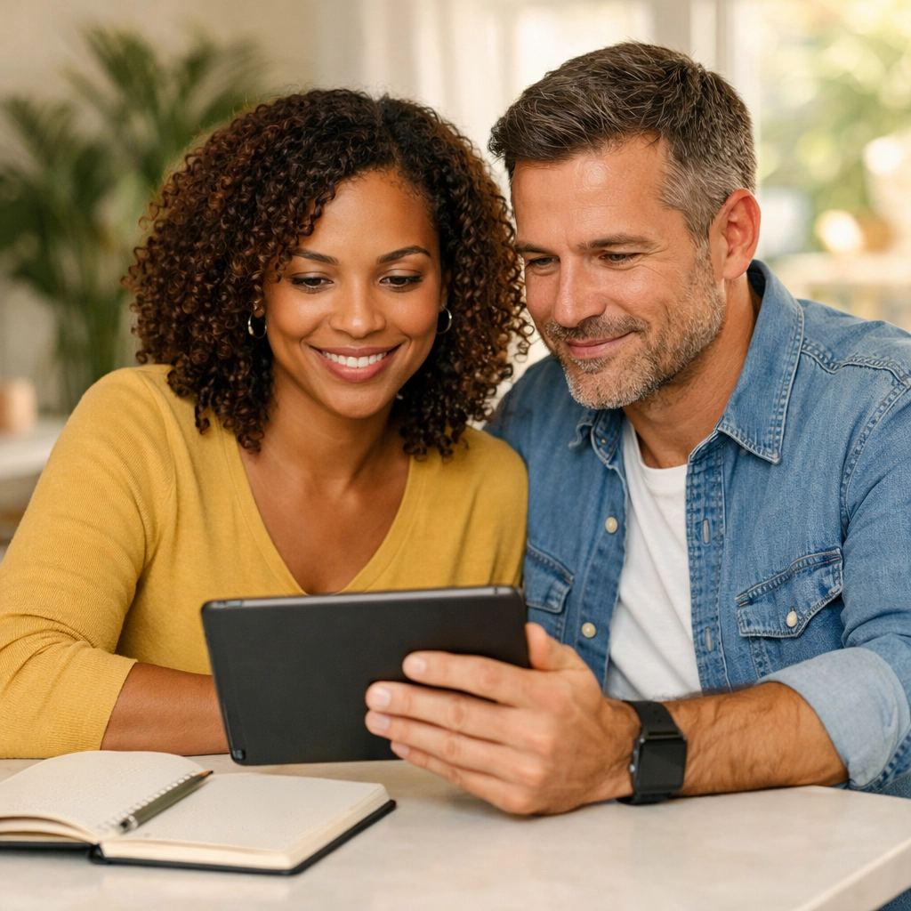 A diverse couple using a tablet to secure bad credit loans in Canada and rebuild their credit score.