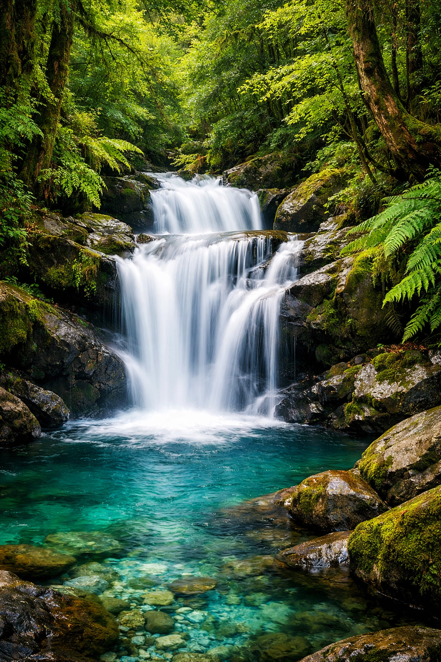Long exposure landscape photography of a silky waterfall in a lush forest with vibrant foliage.