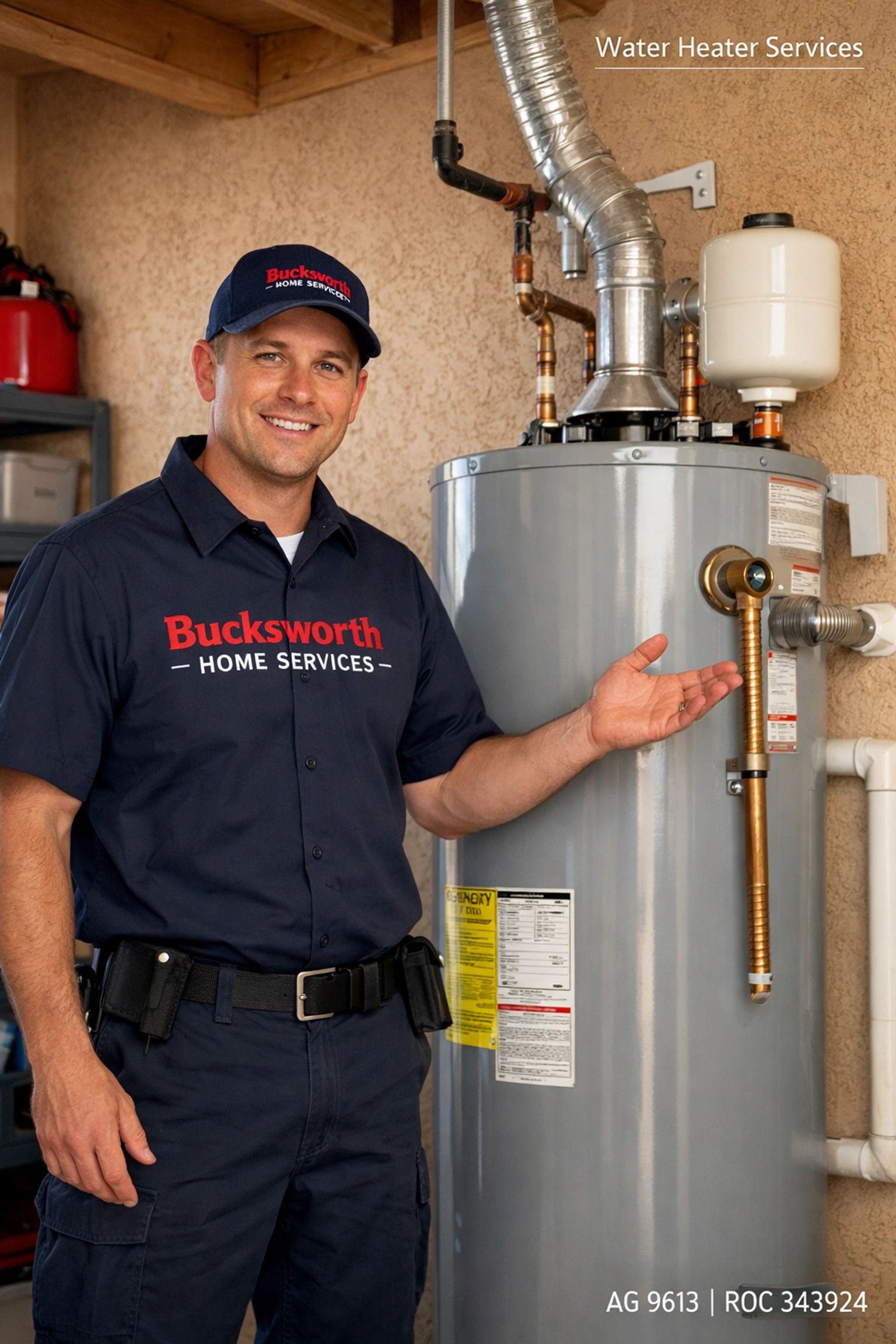 Bucksworth Home Services technician providing water heater services in a Sahuarita AZ home.