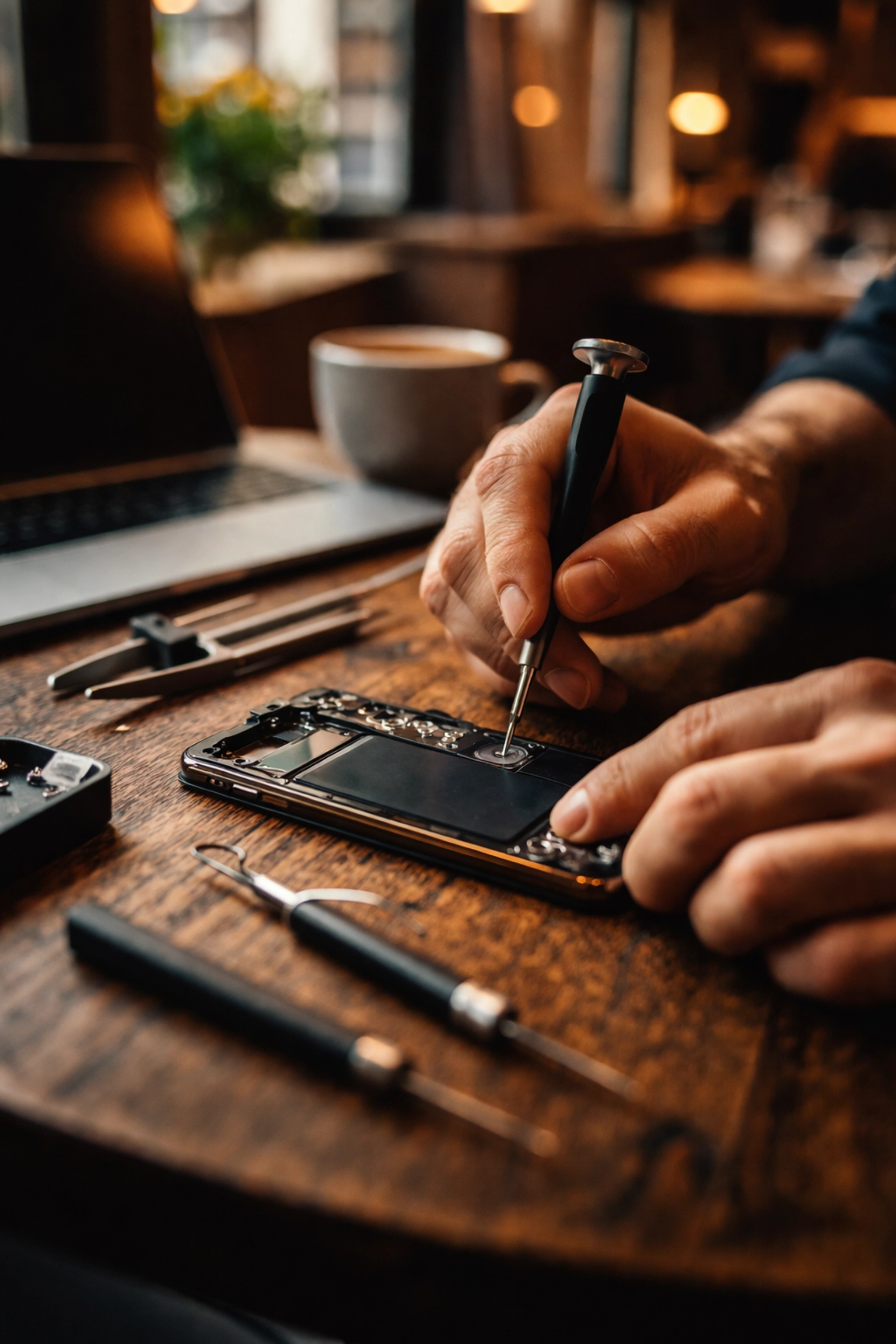 Close-up of technician repairing iPhone at Midtown Manhattan café, showing convenient screen repair for busy professionals.