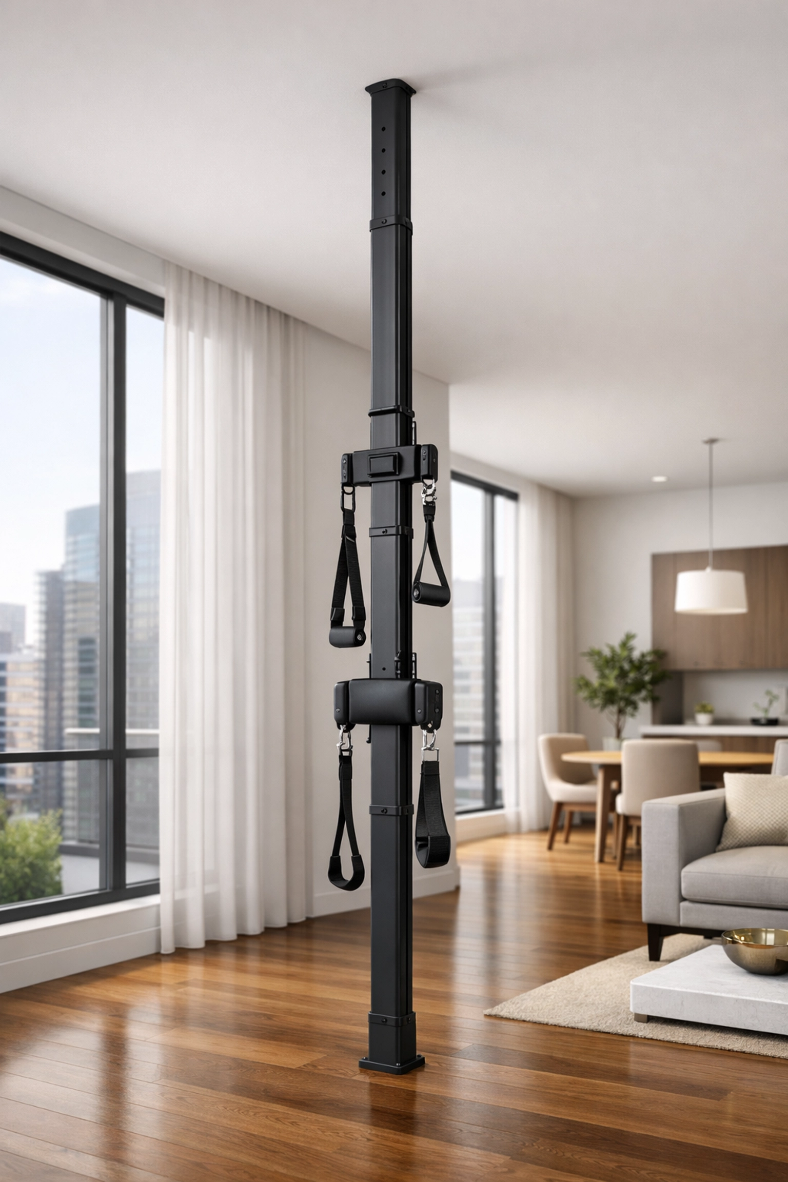 Versatile home gym featuring a matte-black floor to ceiling gym system for total body resistance training.