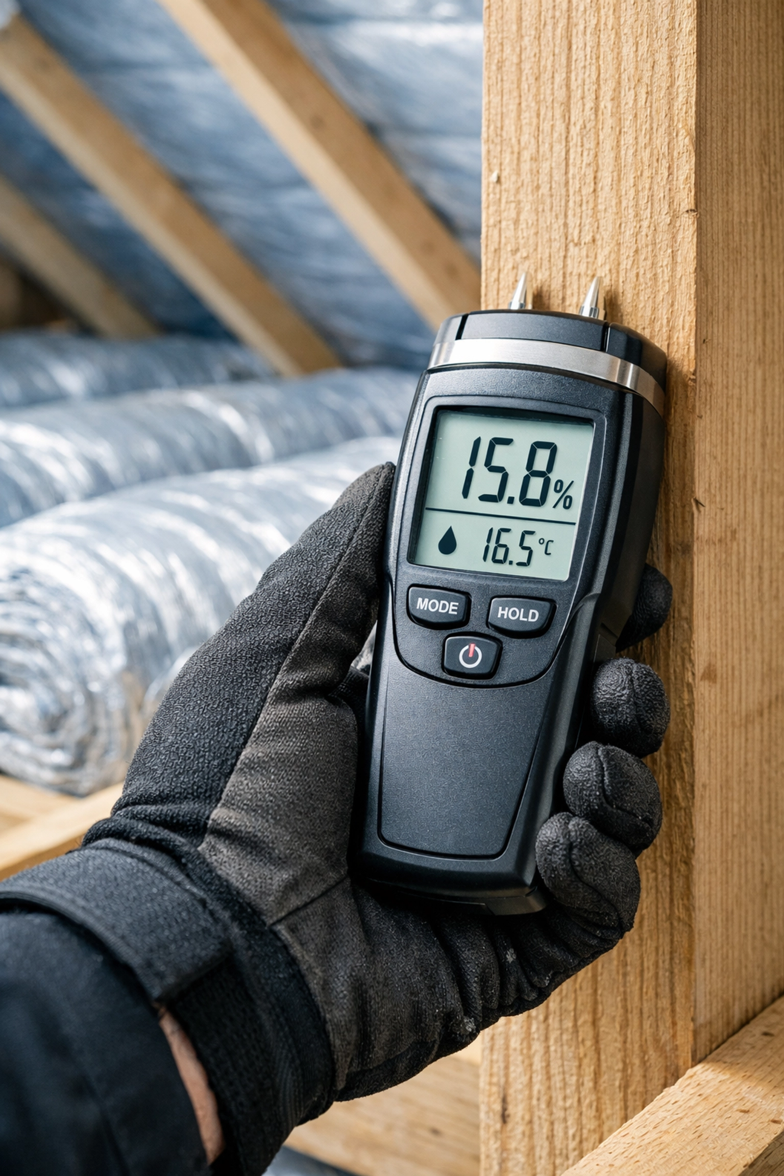 Professional roof survey in Armagh showing moisture testing on timber attic beams.