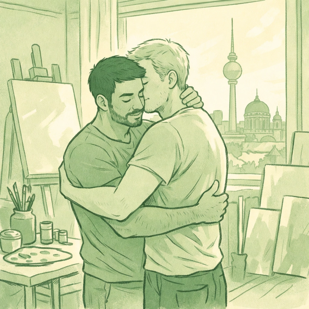 Gay couple embracing in Berlin art studio after fleeing Damascus persecution and finding freedom
