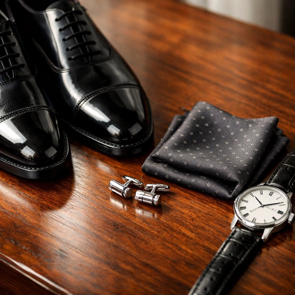 Men's formal accessories including dress shoes cufflinks and pocket square