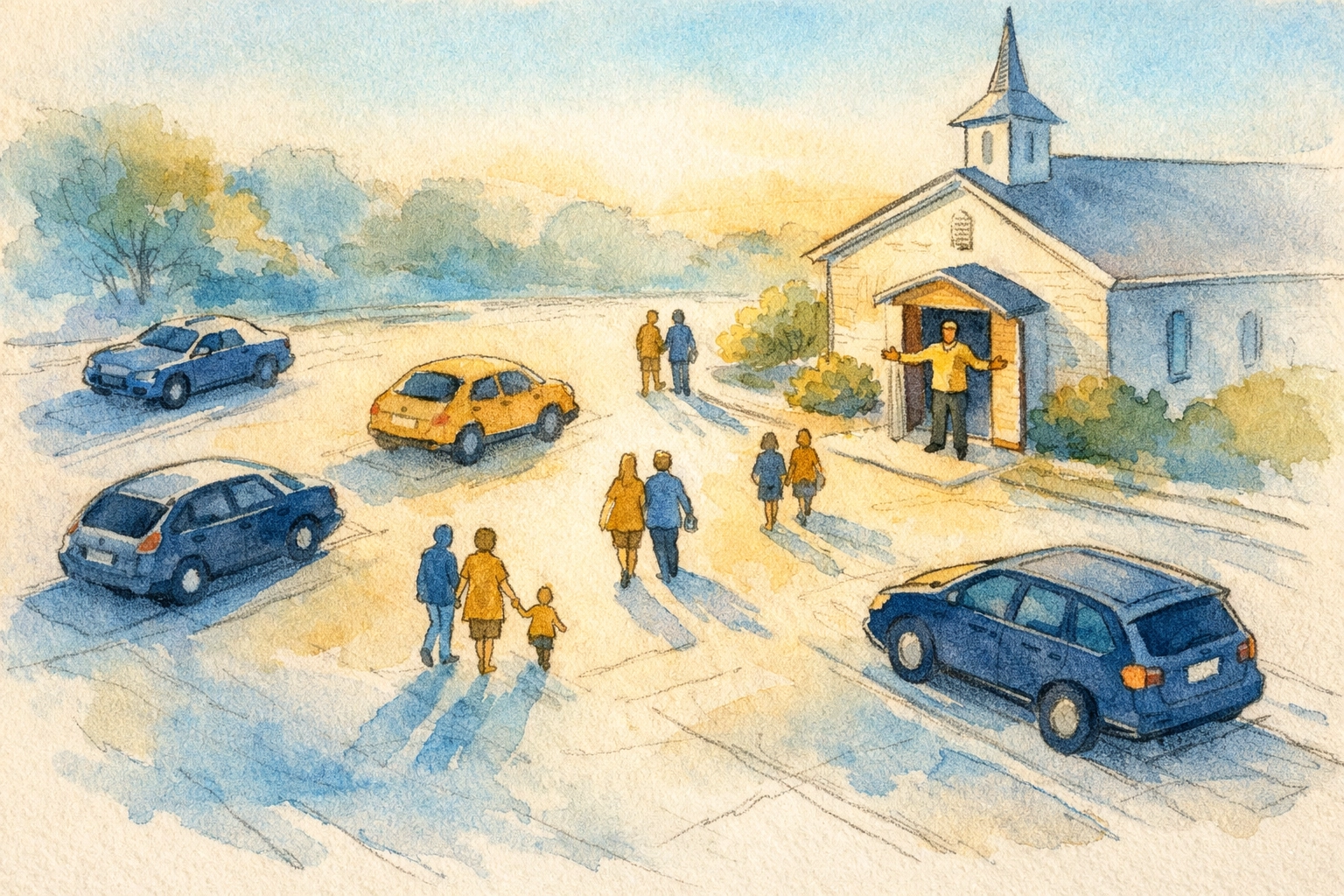 Sunday morning church parking lot with families arriving and greeter welcoming visitors