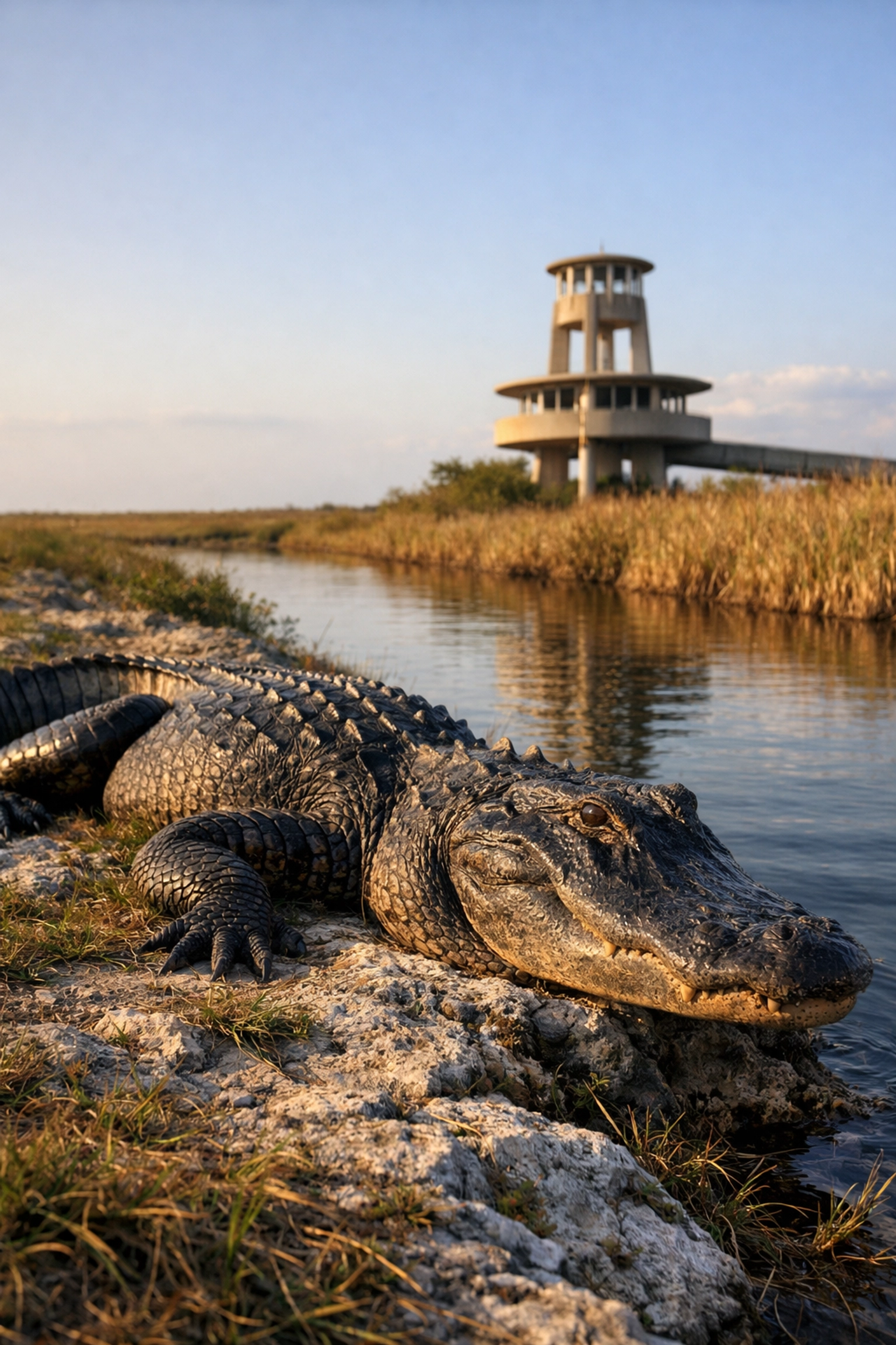 Alligator sunning near the Shark Valley observation tower, a top wildlife photography Everglades location.