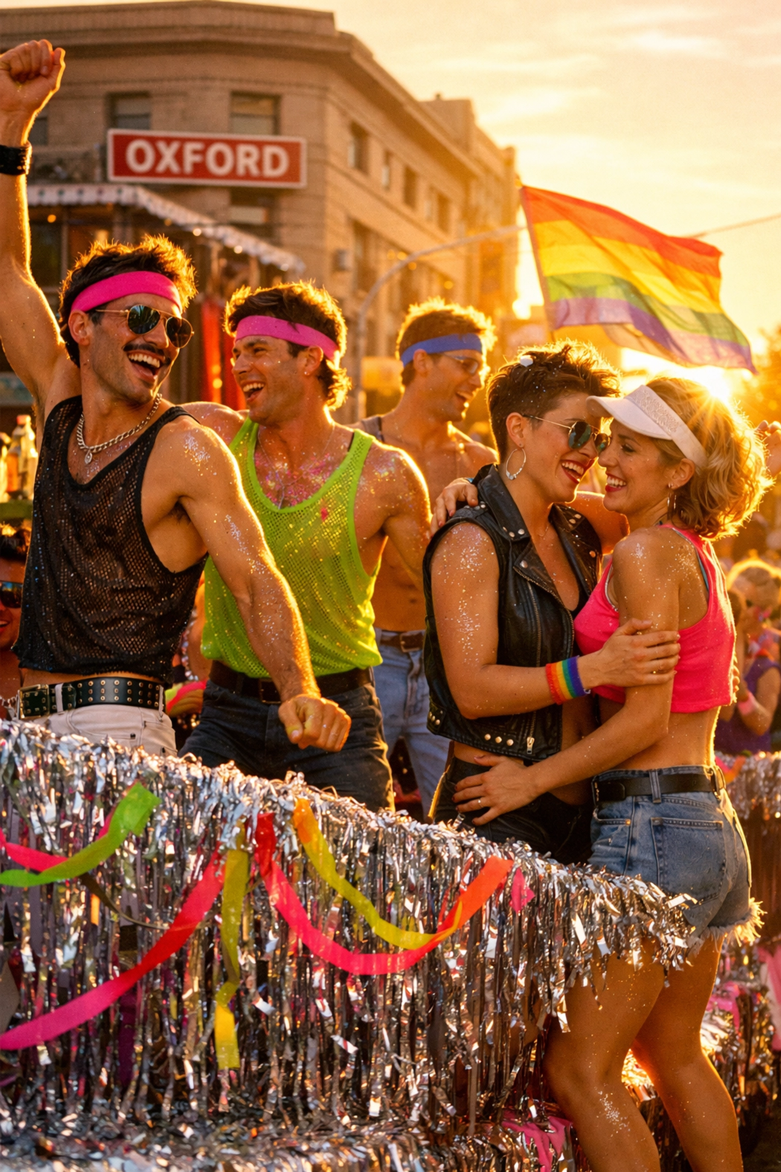 Vibrant 1980s Sydney Mardi Gras parade float with dancers celebrating on Oxford Street.