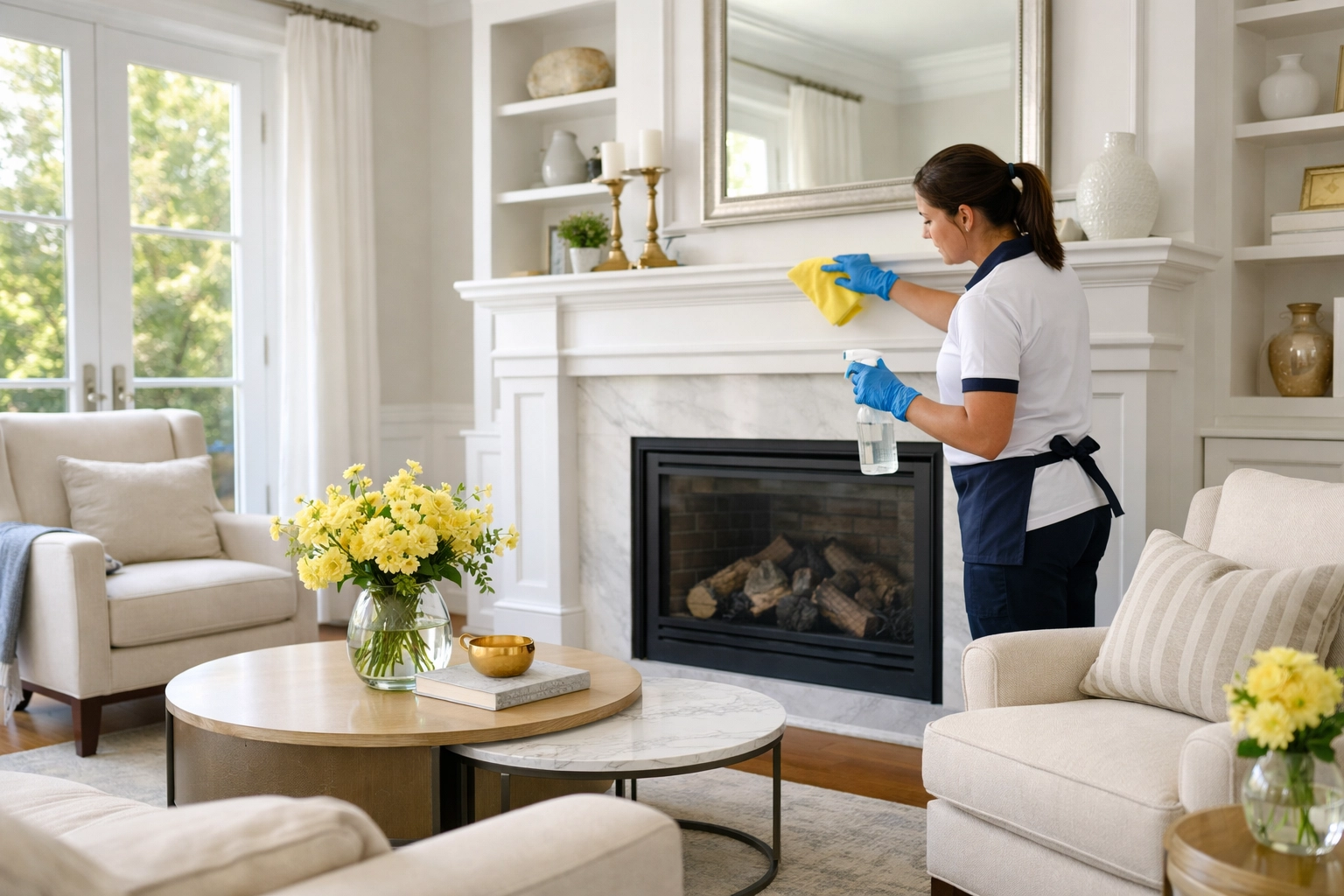 Professional house cleaning Winchester MA service being performed in a bright, modern living room.