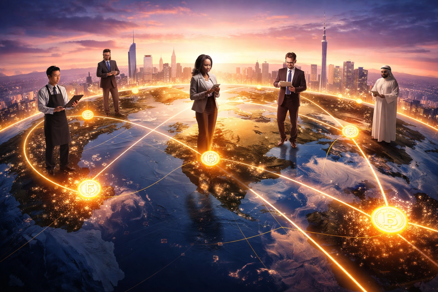 Global merchants connected by cryptocurrency payment lines, illustrating seamless cross-border crypto transactions.