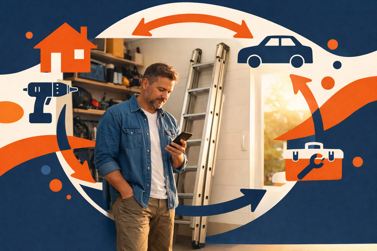 Homeowner using a smartphone to rent a heavy-duty extension ladder for spring cleaning.