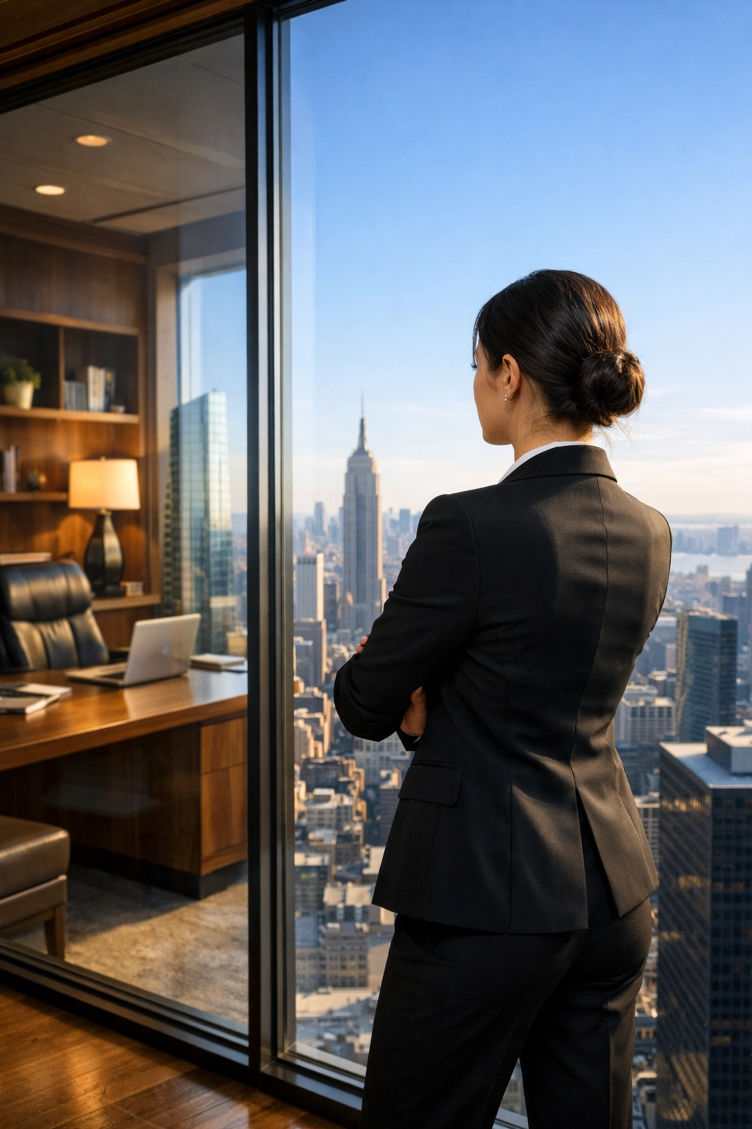 Marketing professional looking at city skyline, symbolizing a winning mindset and business growth.